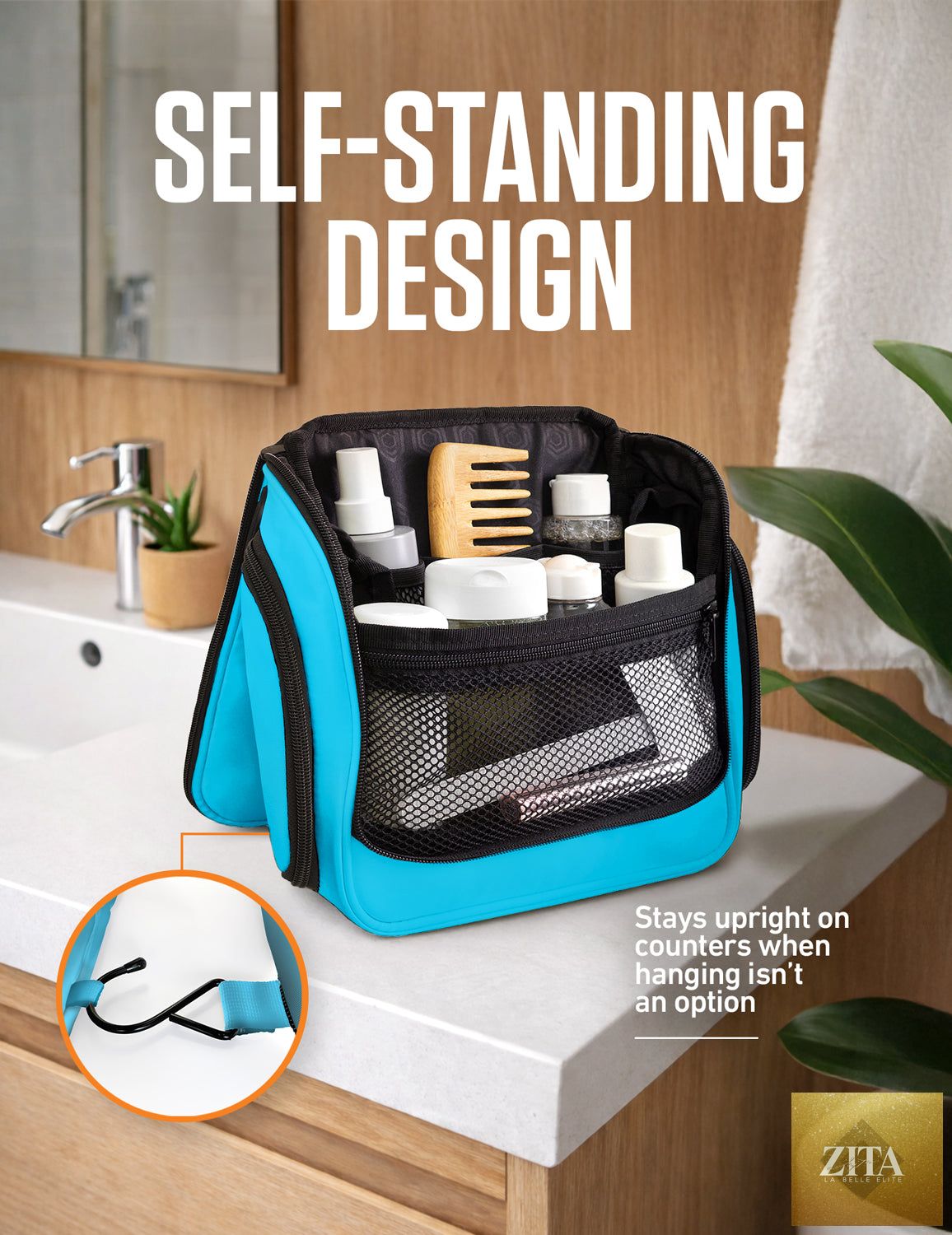 Light blue VENTURE 4TH hanging travel toiletry bag with multiple compartments and a sturdy hook for easy organization.