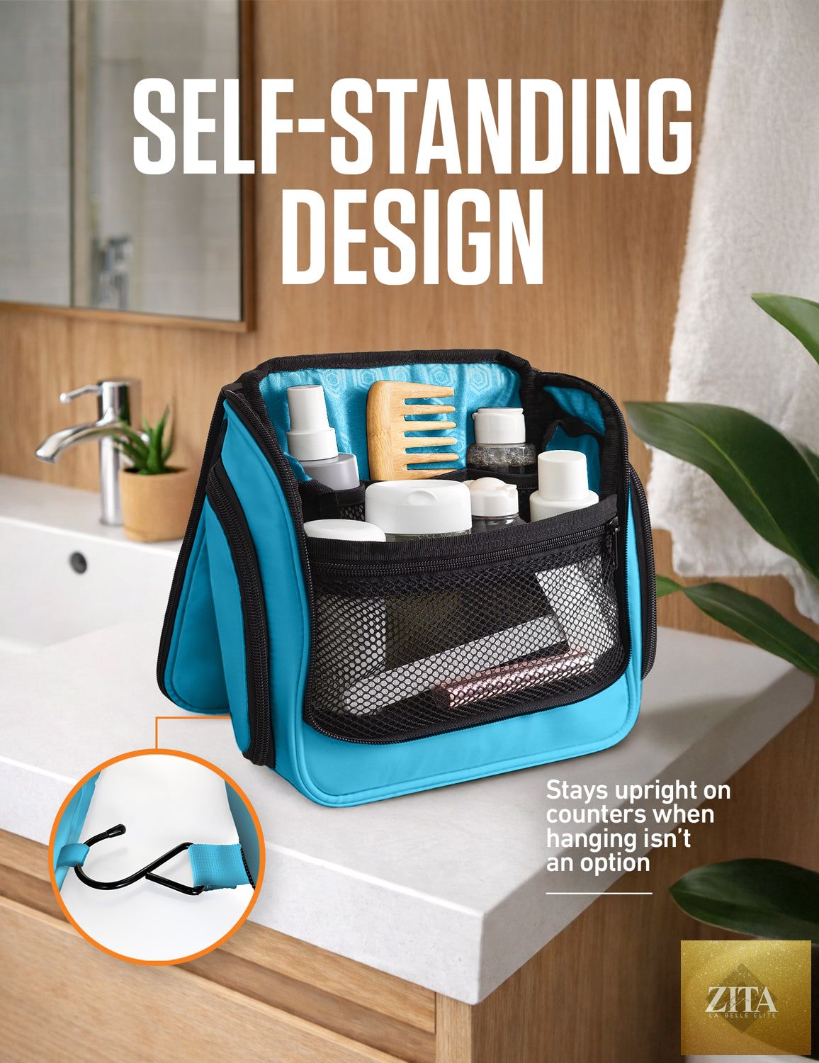 Light blue VENTURE 4TH hanging travel toiletry bag with multiple compartments, compact design, and hook for easy hanging.