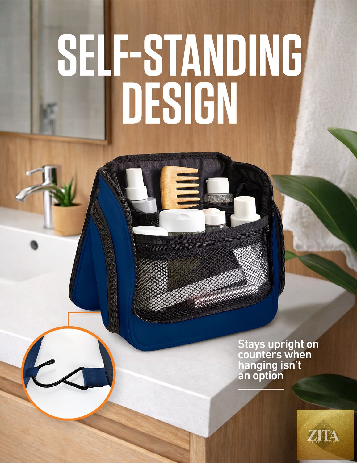 Navy blue VENTURE 4TH hanging travel toiletry bag with multiple compartments and hanging hook for easy organization.