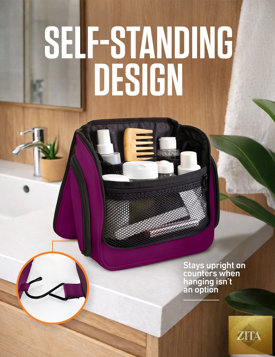 Purple and black VENTURE 4TH hanging travel toiletry bag with multiple compartments and a sturdy hanging hook.