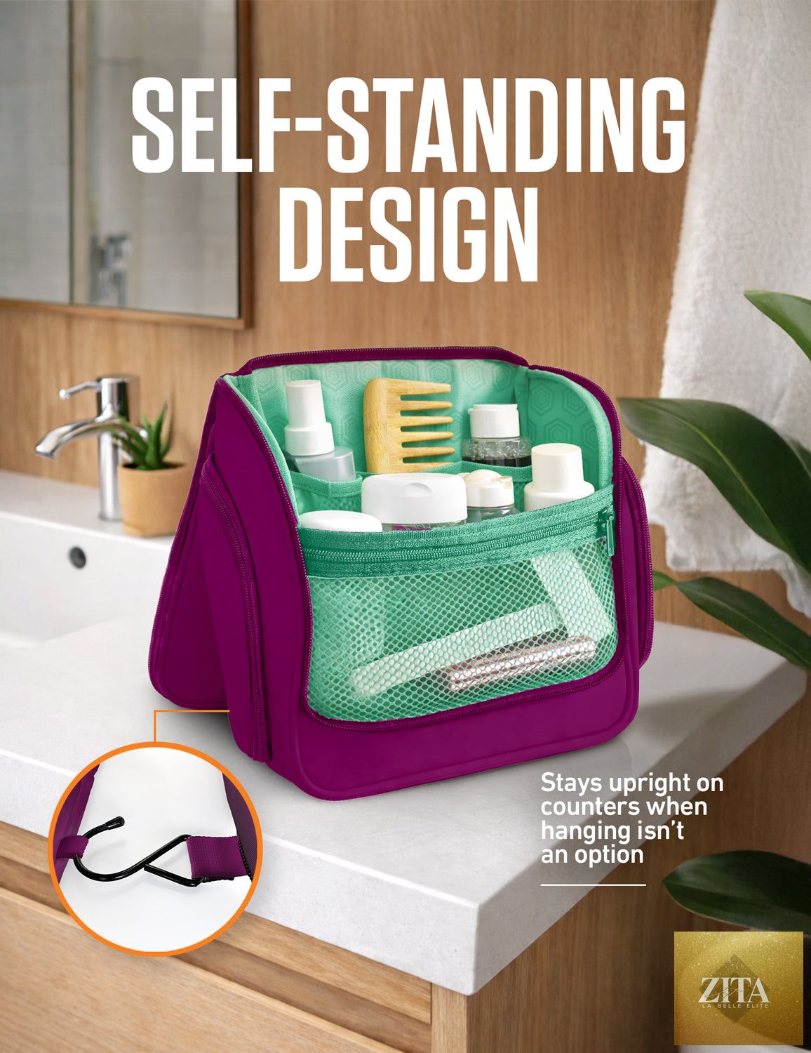 Venture 4th hanging travel toiletry bag in purple and mint with multiple compartments and a hanging hook for convenient organization.