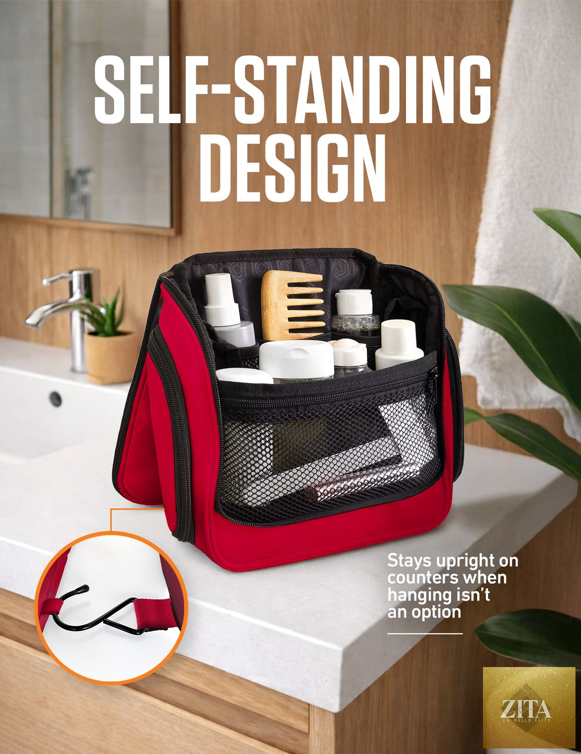 Red and black VENTURE 4TH hanging travel toiletry bag with multiple compartments and a sturdy hook for easy organization.