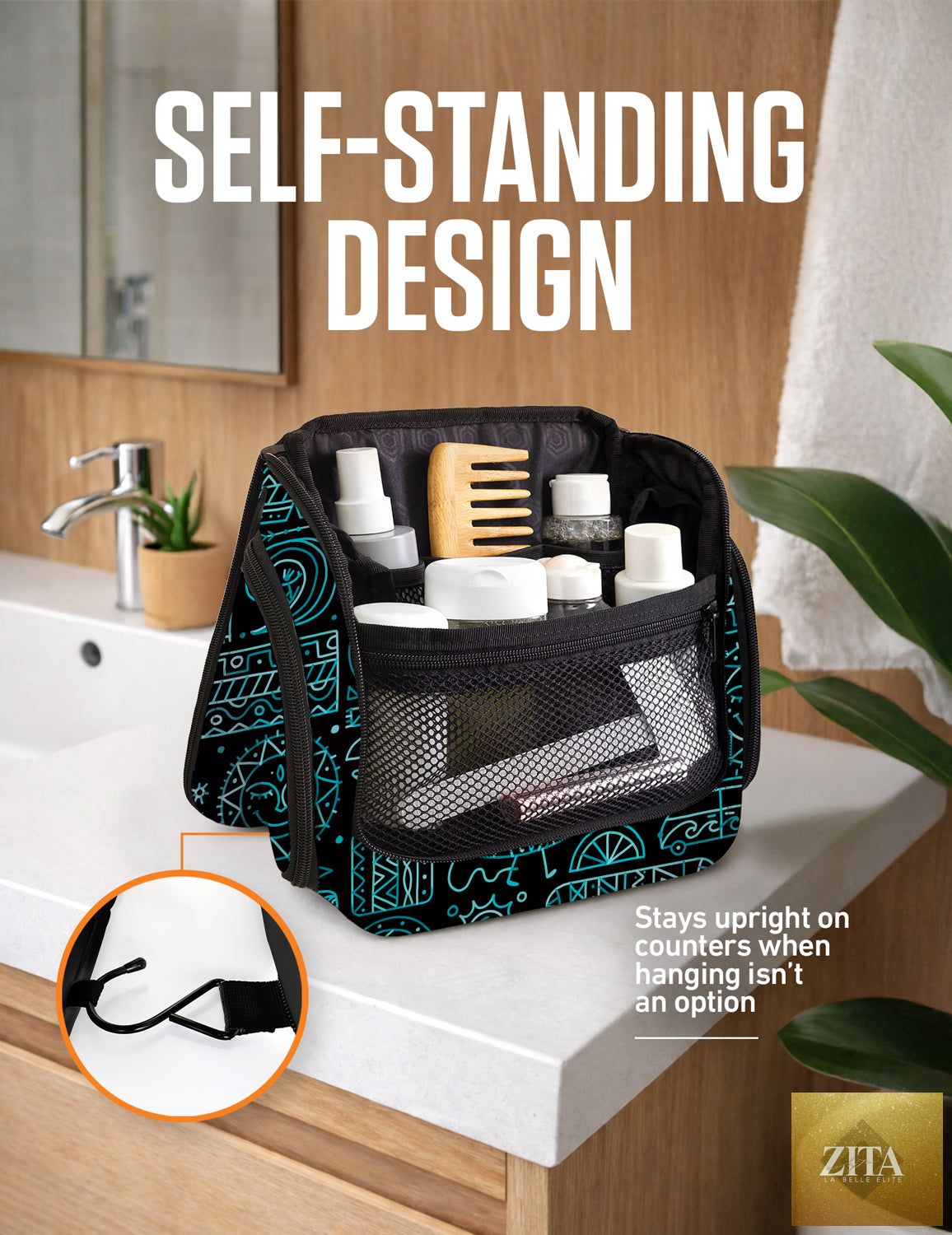 Venture 4th hanging travel toiletry bag with multiple compartments and waterproof material, displayed hanging open.