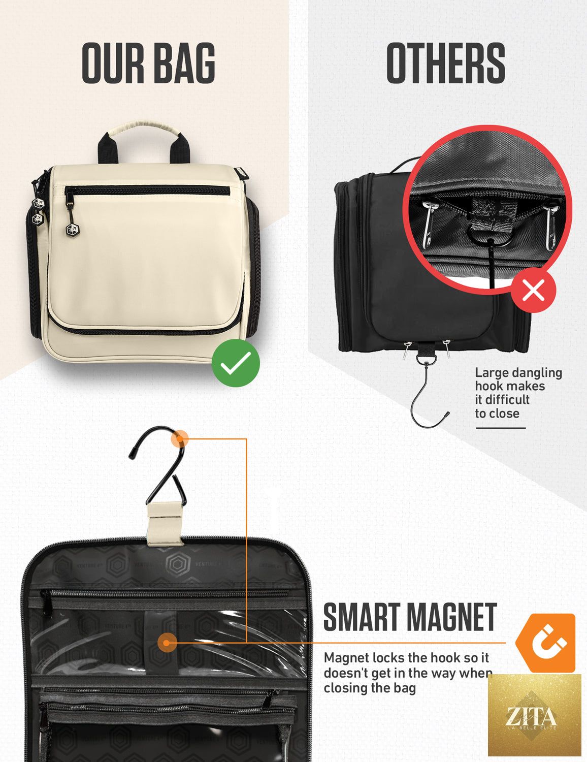Beige VENTURE 4TH hanging travel toiletry bag with multiple compartments and a hook for easy organization.