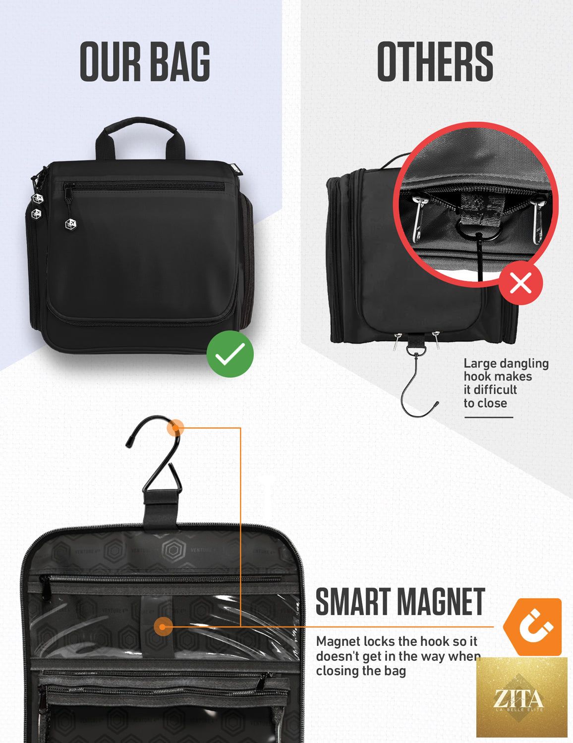 Black VENTURE 4TH hanging travel toiletry bag with multiple compartments and a sturdy hook for convenience.