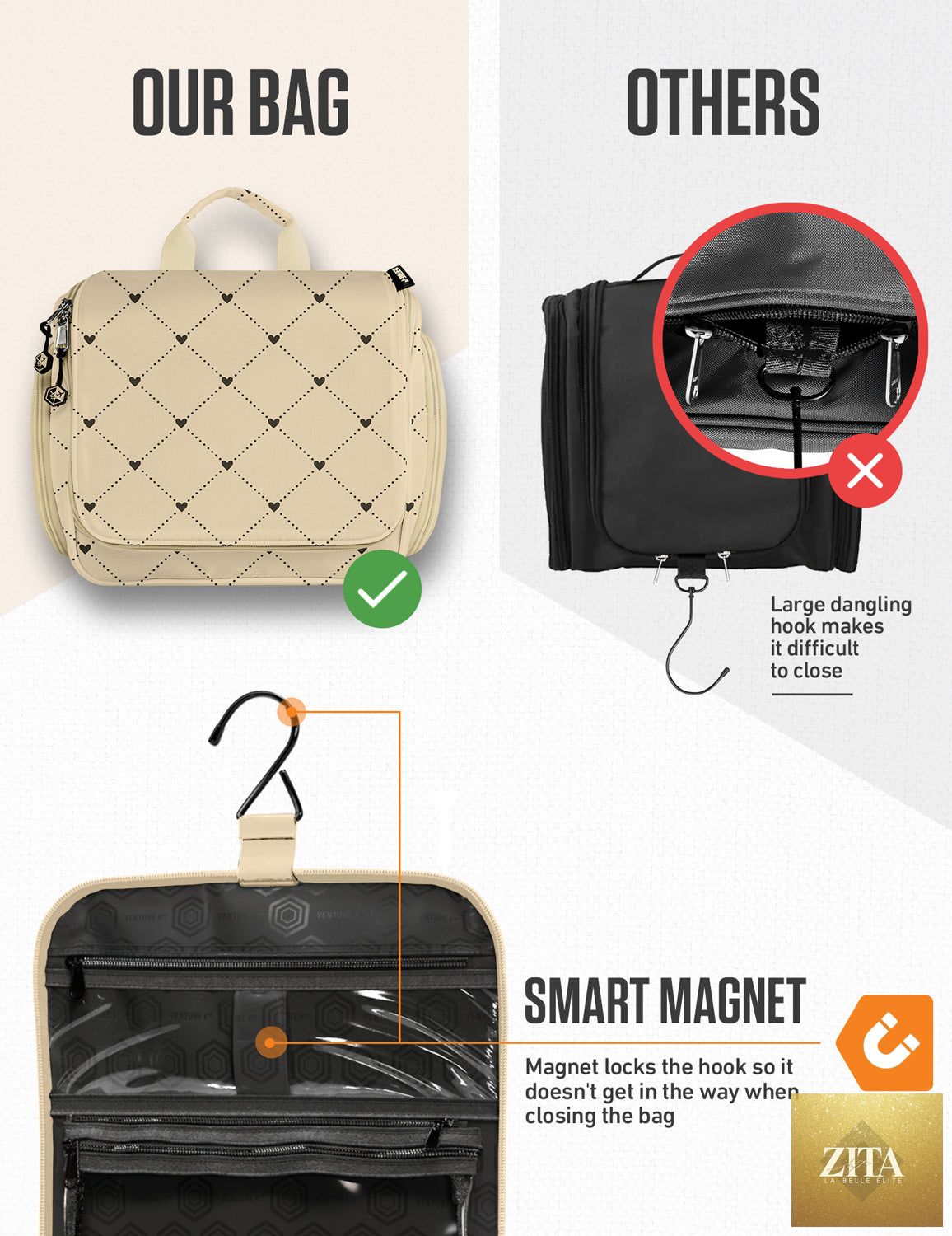 Beige VENTURE 4TH hanging travel toiletry bag with diamond quilted design, open showing multiple compartments and hanging hook.