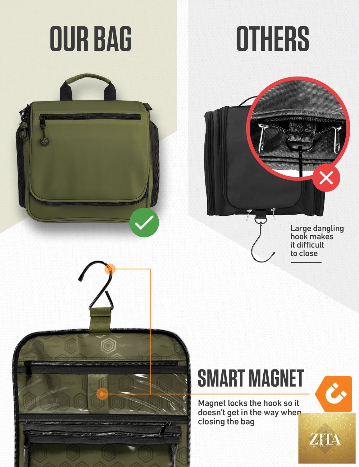 Venture 4th hanging travel toiletry bag with multiple compartments and a hook for easy organization during trips.