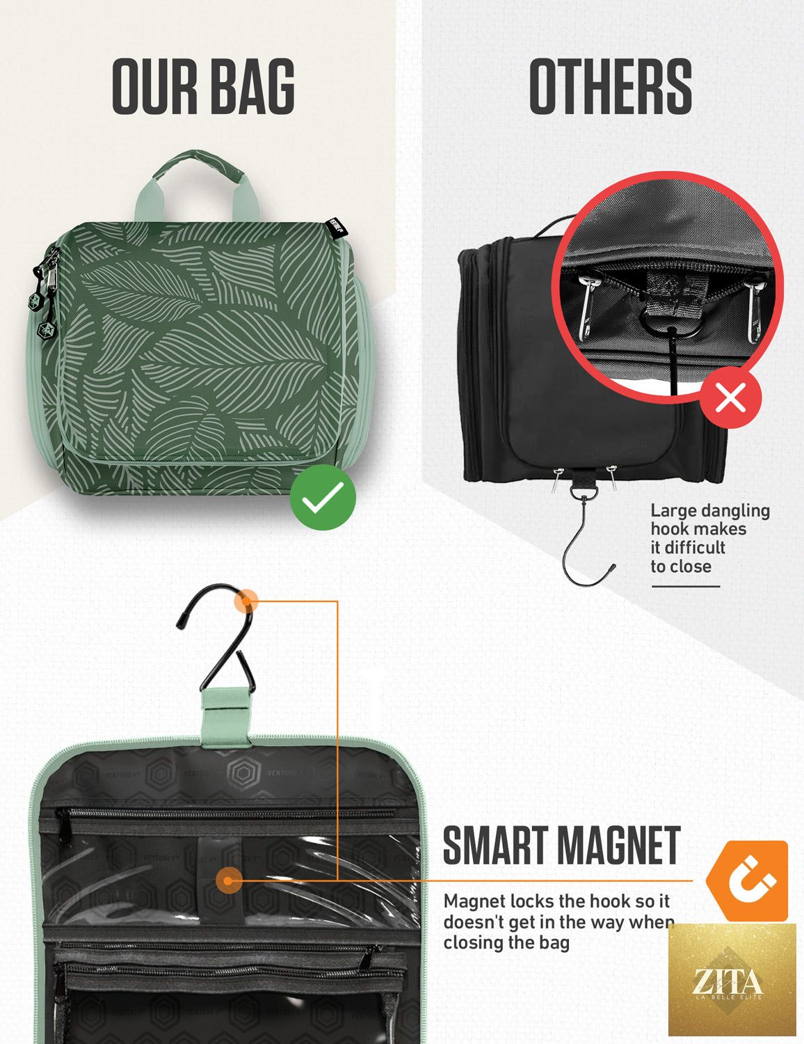 Green hanging travel toiletry bag by VENTURE 4TH with multiple compartments and a hook for easy organization and access.