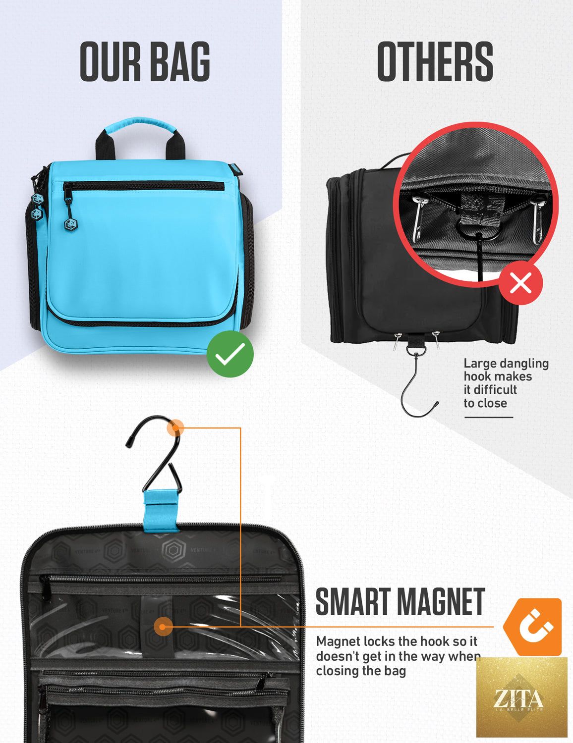 Light blue VENTURE 4TH hanging travel toiletry bag with multiple compartments and a sturdy hook for easy organization.