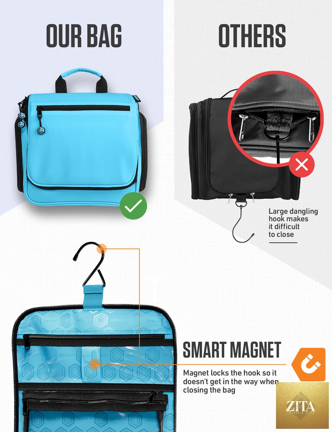 Light blue VENTURE 4TH hanging travel toiletry bag with multiple compartments and a secure hook for easy packing and organization.