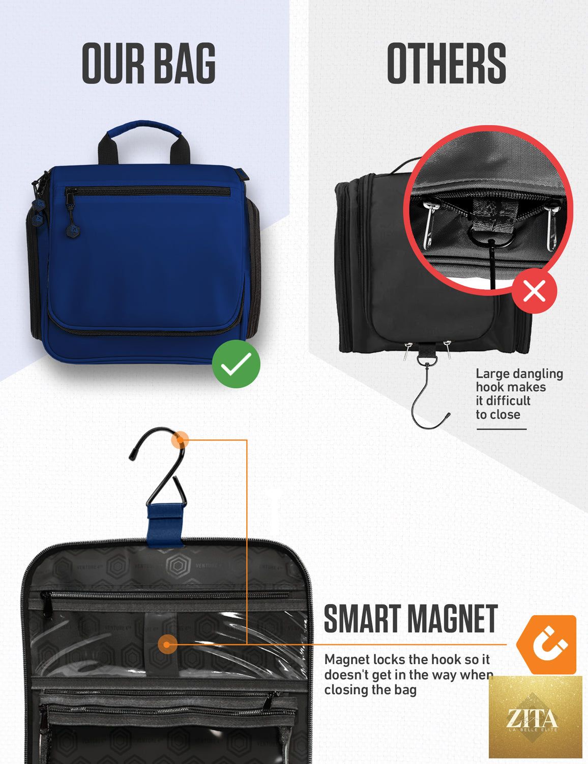Navy blue VENTURE 4TH hanging travel toiletry bag with multiple compartments and zipper closures on a white background.