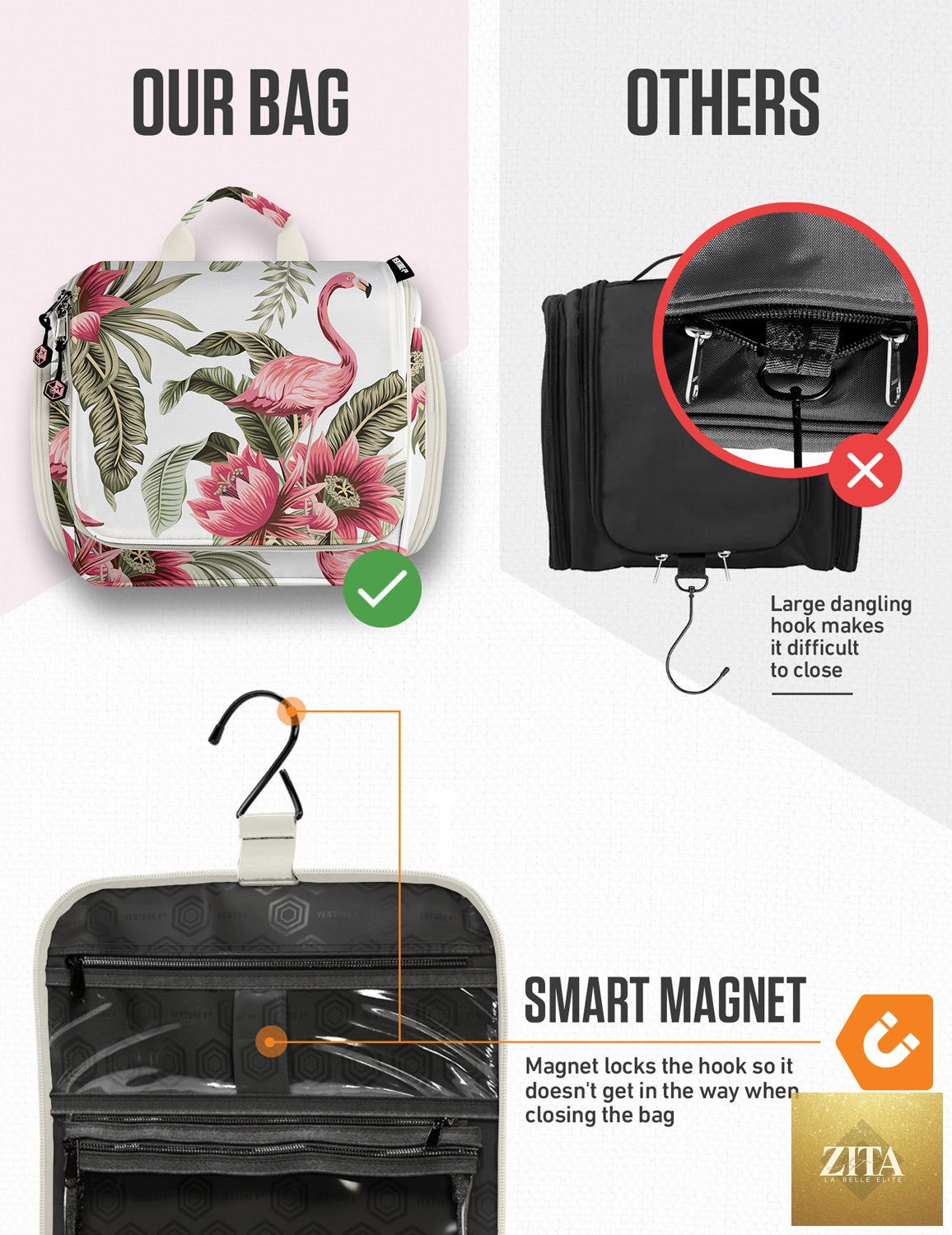 Pink flamingo hanging travel toiletry bag by VENTURE 4TH with multiple compartments and hanging hook for easy organization.