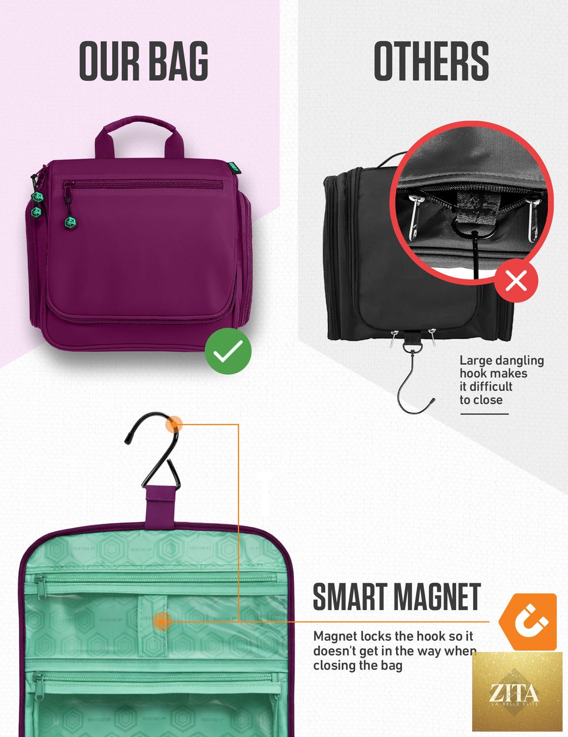 Purple and mint hanging VENTURE 4TH travel toiletry bag with multiple compartments and a sturdy hanging hook.