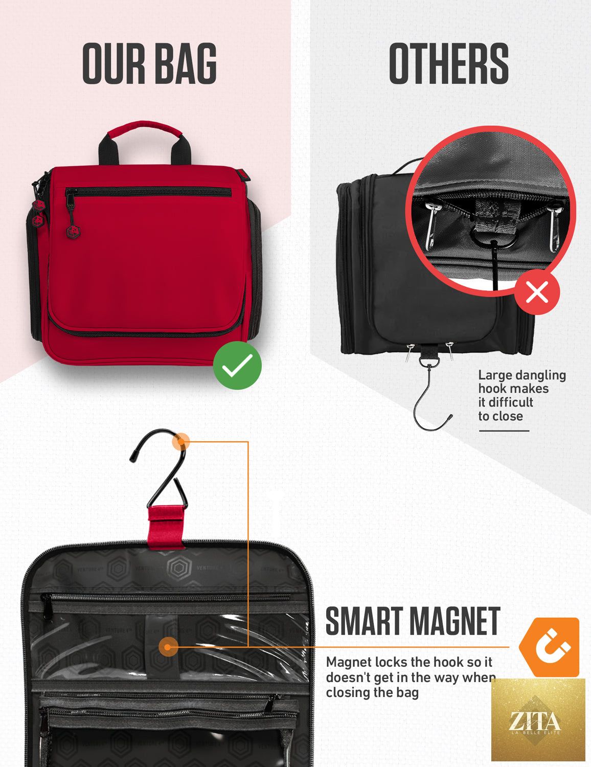Venture 4th hanging travel toiletry bag in red and black with multiple compartments and hanging hook for easy organization.