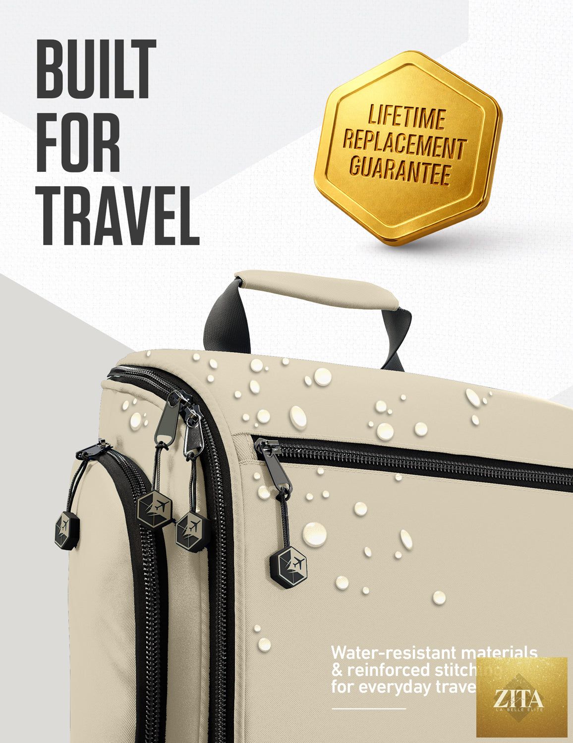 Venture 4th beige hanging travel toiletry bag with zippered compartments and hanging hook for organizing toiletries.