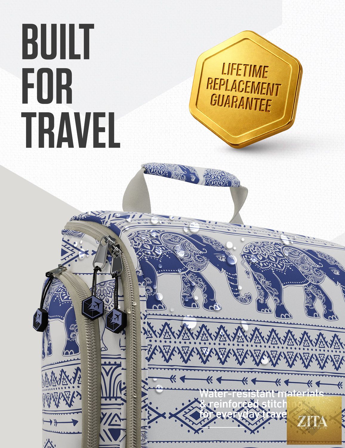 Blue VENTURE 4TH hanging travel toiletry bag with elephant design, compact organizer for toiletries and personal care items.