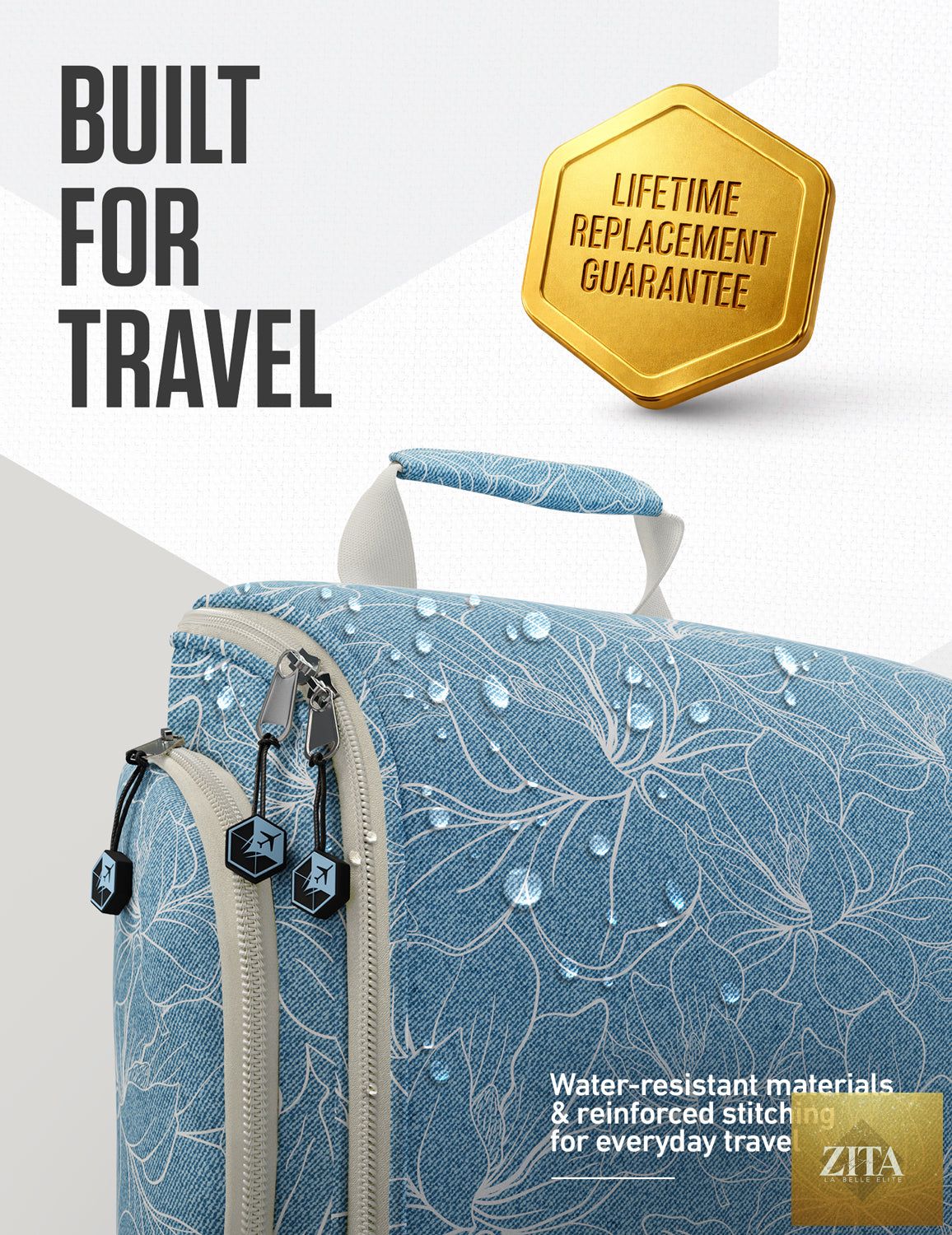 Blue floral VENTURE 4TH hanging travel toiletry bag with multiple compartments and a sturdy hook for easy storage.