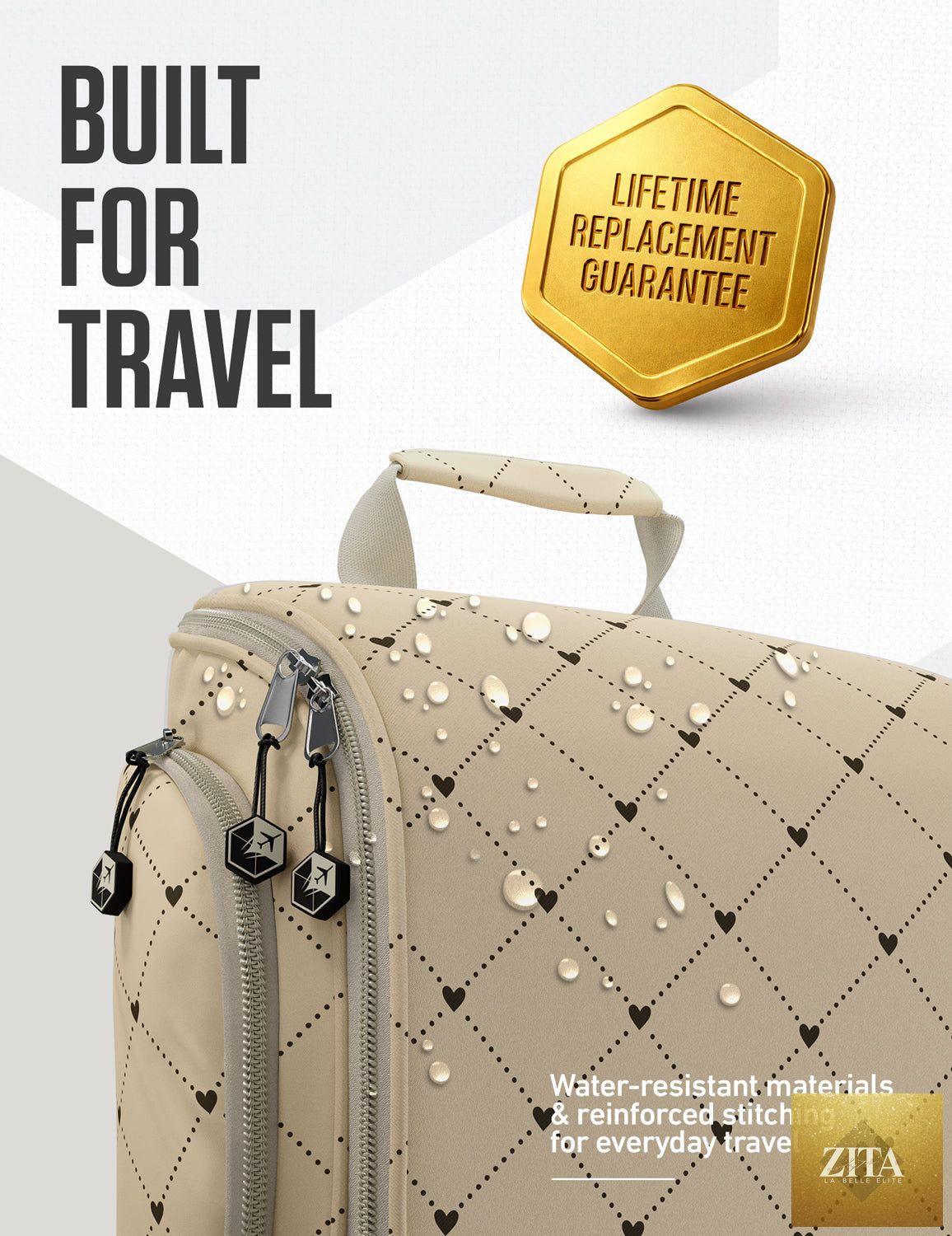 Venture 4th hanging travel toiletry bag with diamond pattern in beige, featuring multiple compartments and hanging hook.