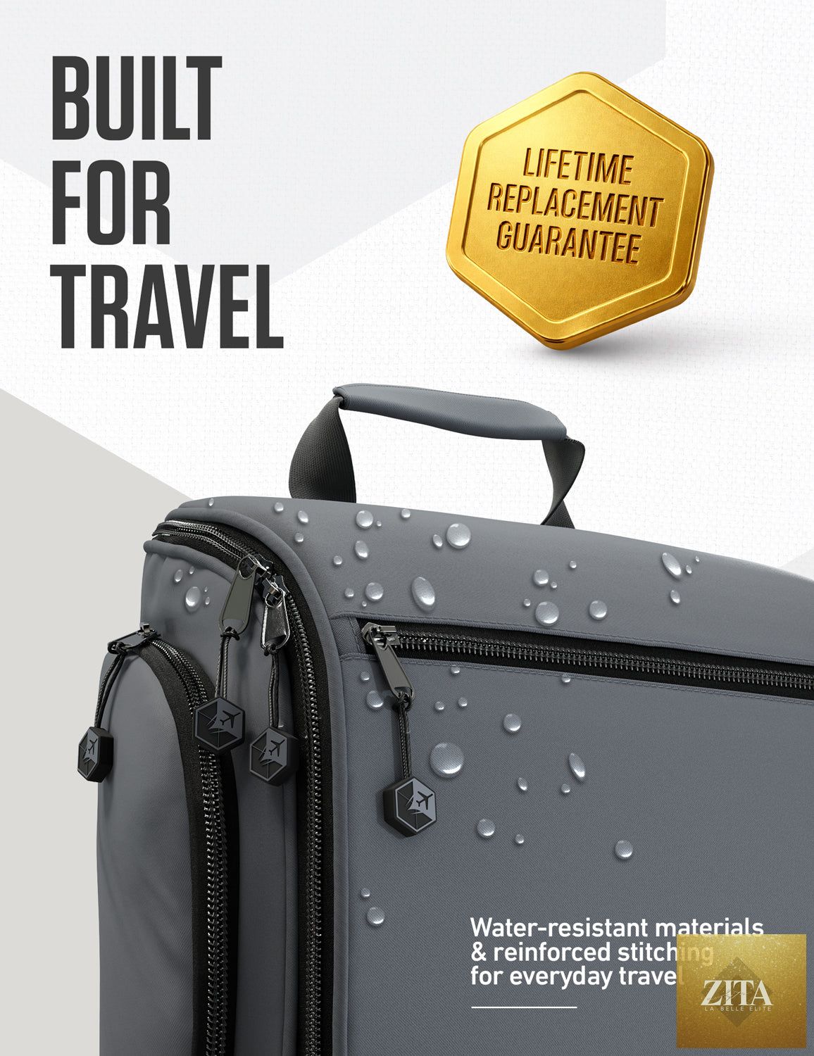 Gray and black VENTURE 4TH hanging travel toiletry bag with multiple compartments and a sturdy hanging hook.
