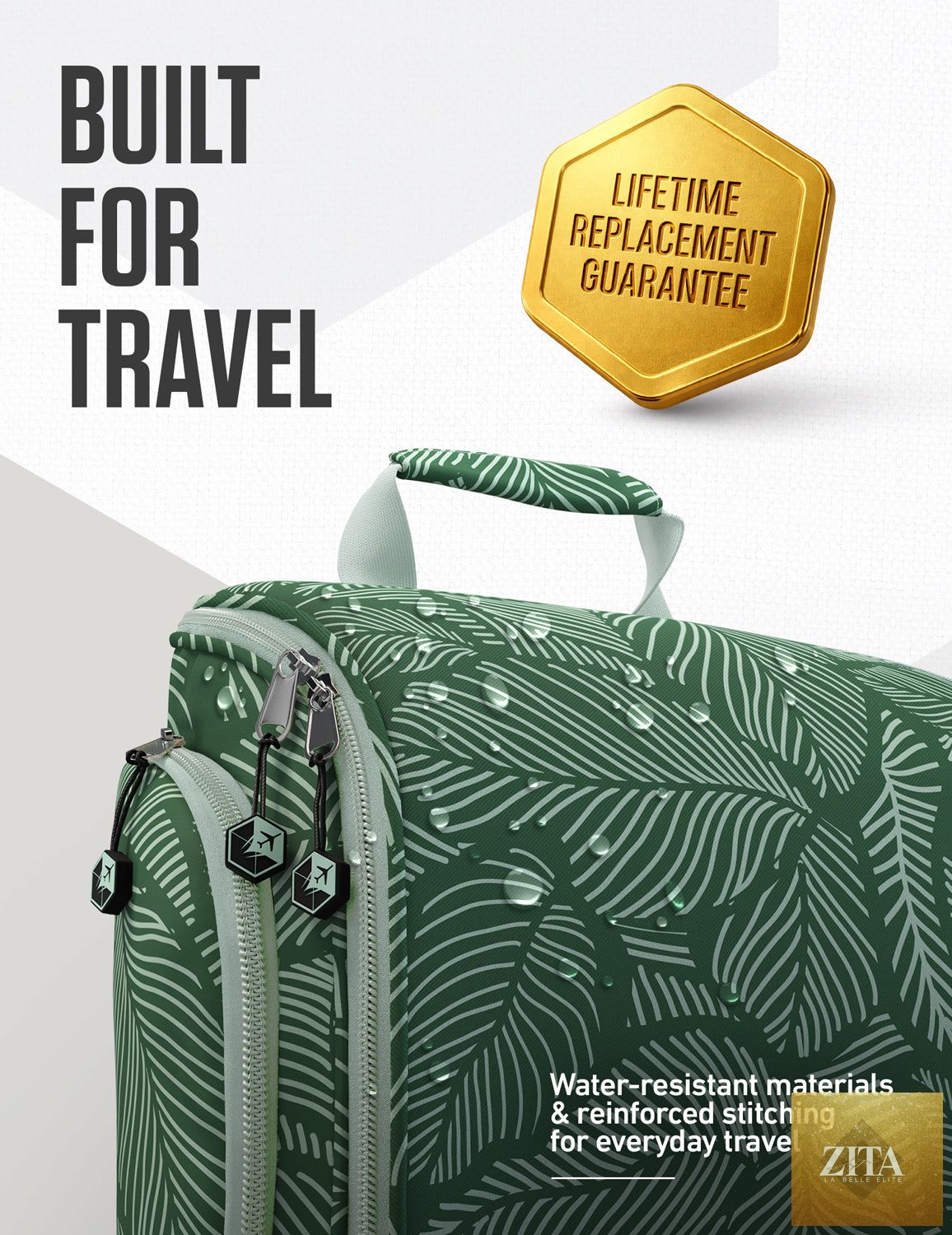 VENTURE 4TH hanging travel toiletry bag with green leaves pattern, compact design, and multiple compartments for organizing toiletries.
