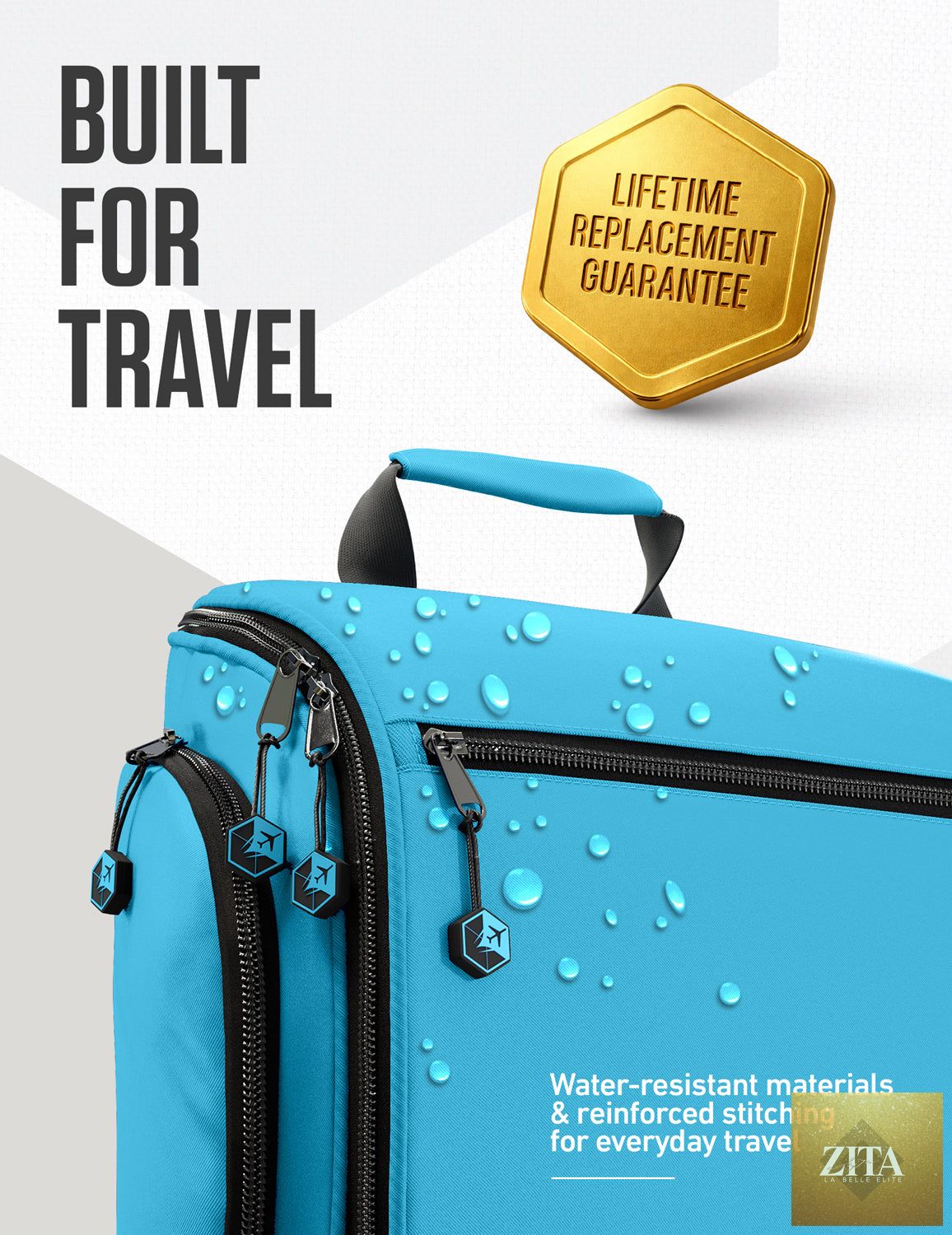 Light blue VENTURE 4TH hanging travel toiletry bag with multiple compartments and a compact design for easy packing.