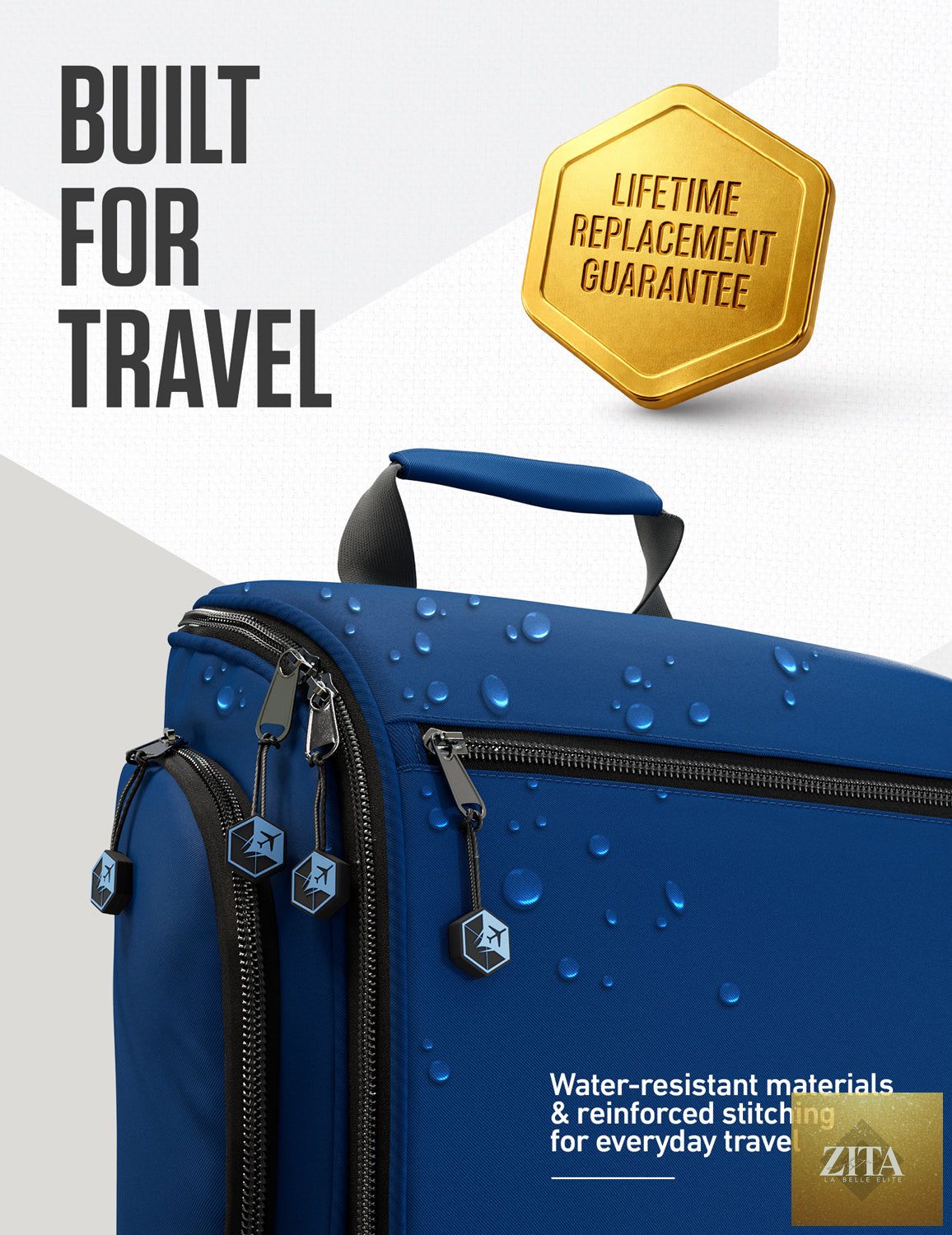 Navy blue VENTURE 4TH hanging travel toiletry bag with multiple compartments and hanging hook for easy organization.