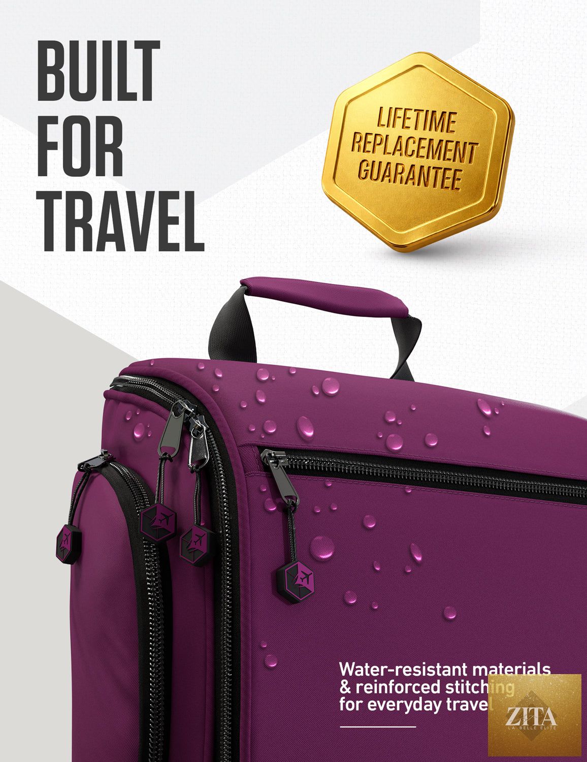 Purple and black VENTURE 4TH hanging travel toiletry bag with multiple compartments and a sturdy hanging hook.