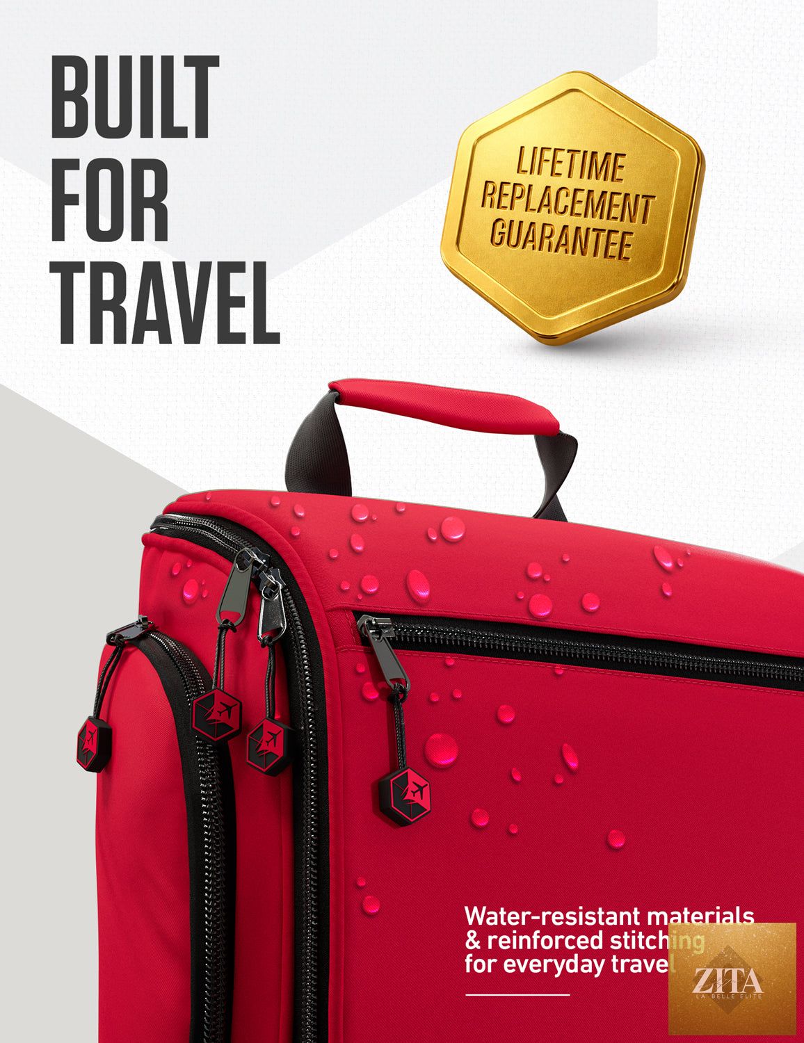 Venture 4th hanging travel toiletry bag in red and black with multiple compartments and hanging hook for organized packing.