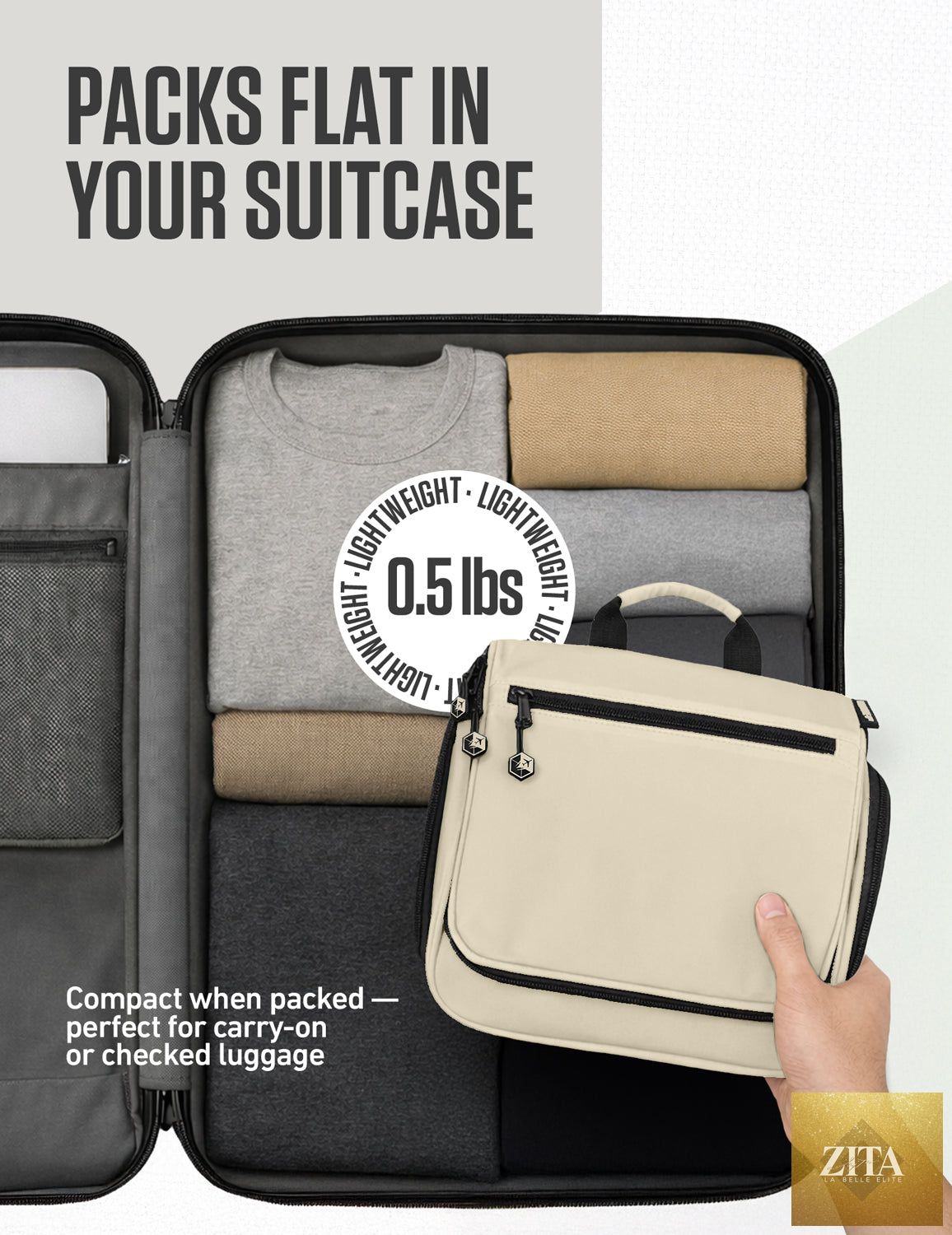 Beige VENTURE 4TH hanging travel toiletry bag with multiple compartments and a zippered closure for organized packing.
