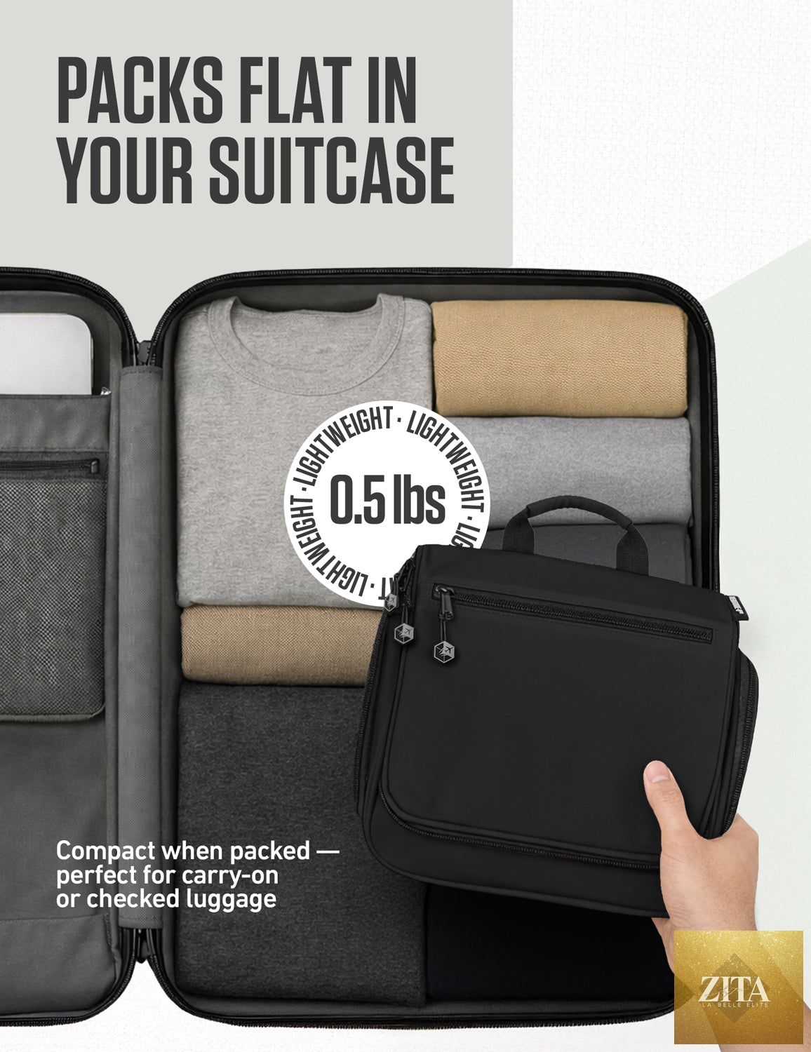 Black VENTURE 4TH hanging travel toiletry bag with multiple compartments and hanging hook for easy organization.