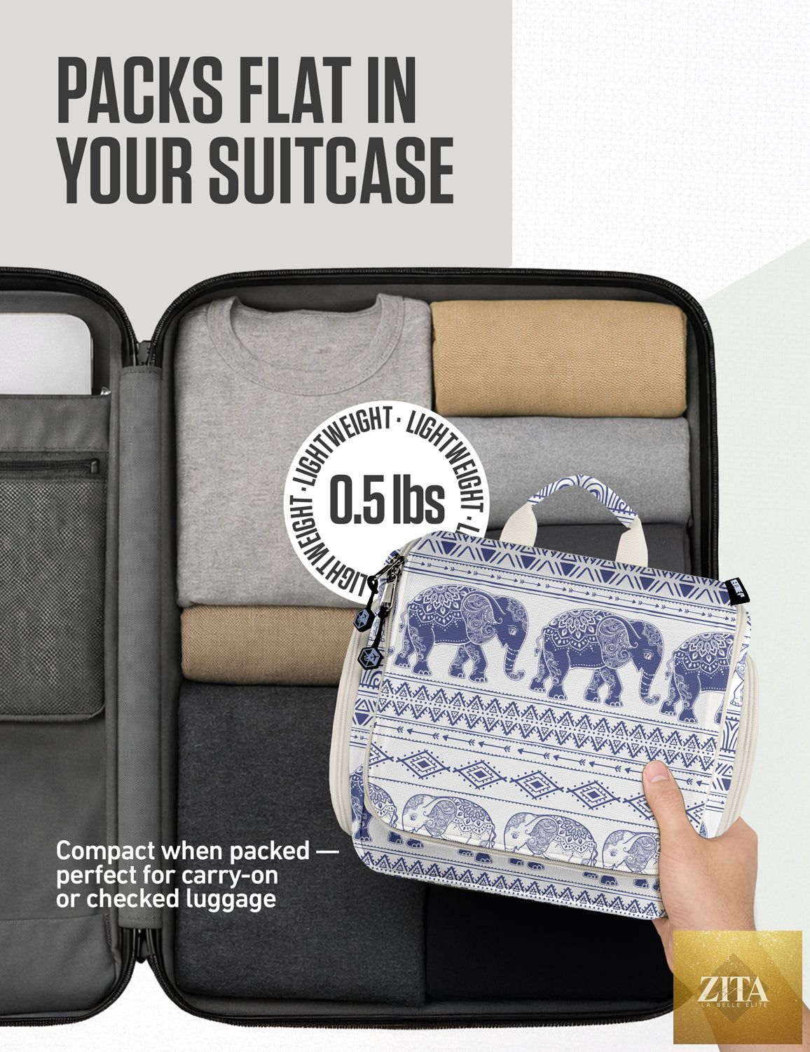 Venture 4th hanging blue travel toiletry bag with elephant graphic, compact design for toiletries and personal care items.