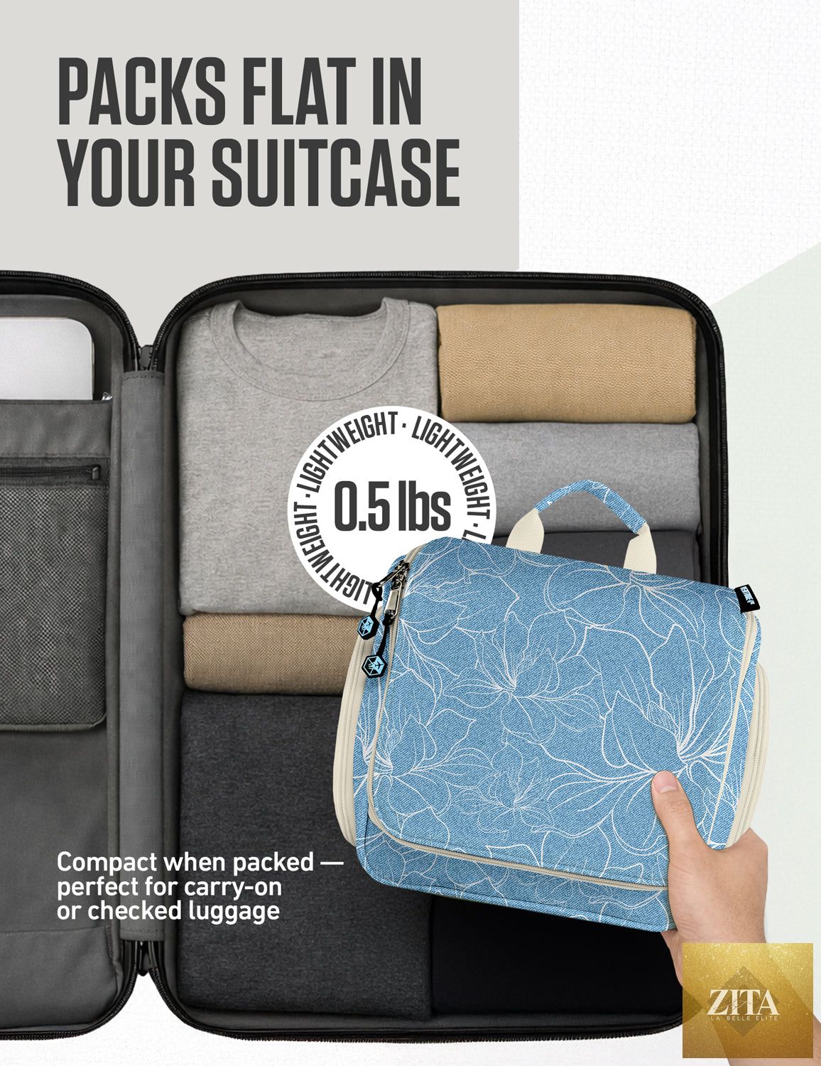 Blue floral hanging travel toiletry bag by VENTURE 4TH with multiple compartments and hanging hook for easy packing.