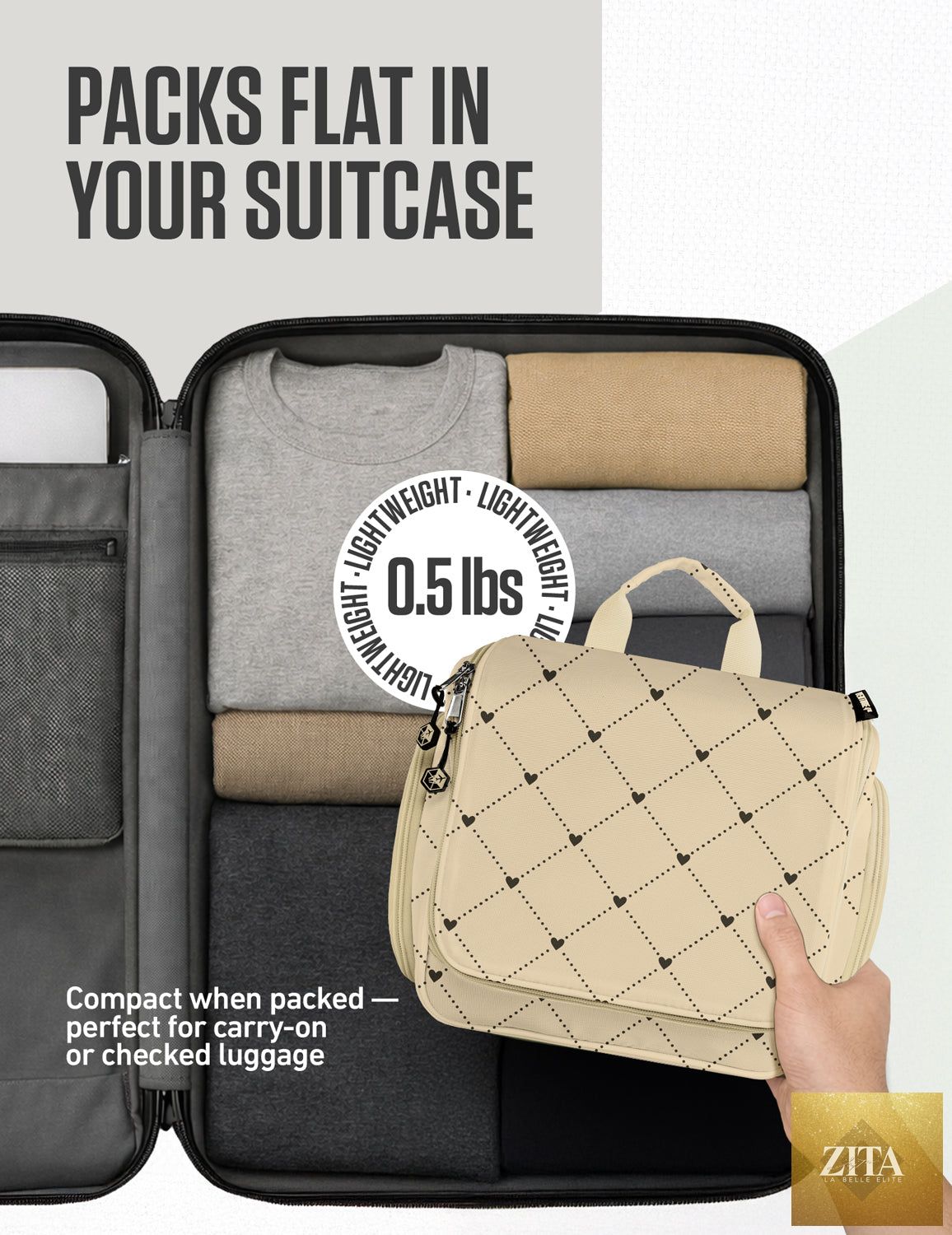 Venture 4th hanging travel toiletry bag in beige with diamond pattern, open to show multiple compartments and hanging hook.