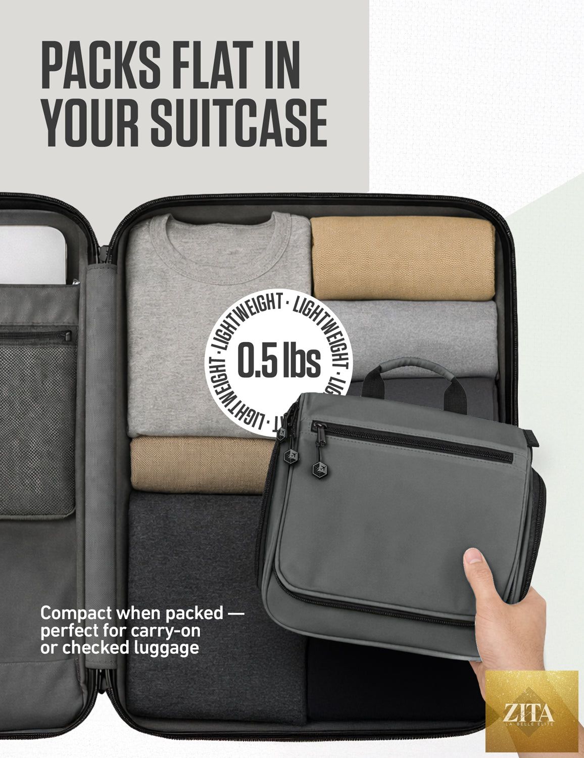 Gray and black VENTURE 4TH hanging travel toiletry bag with multiple compartments and a hook for easy packing and organization.