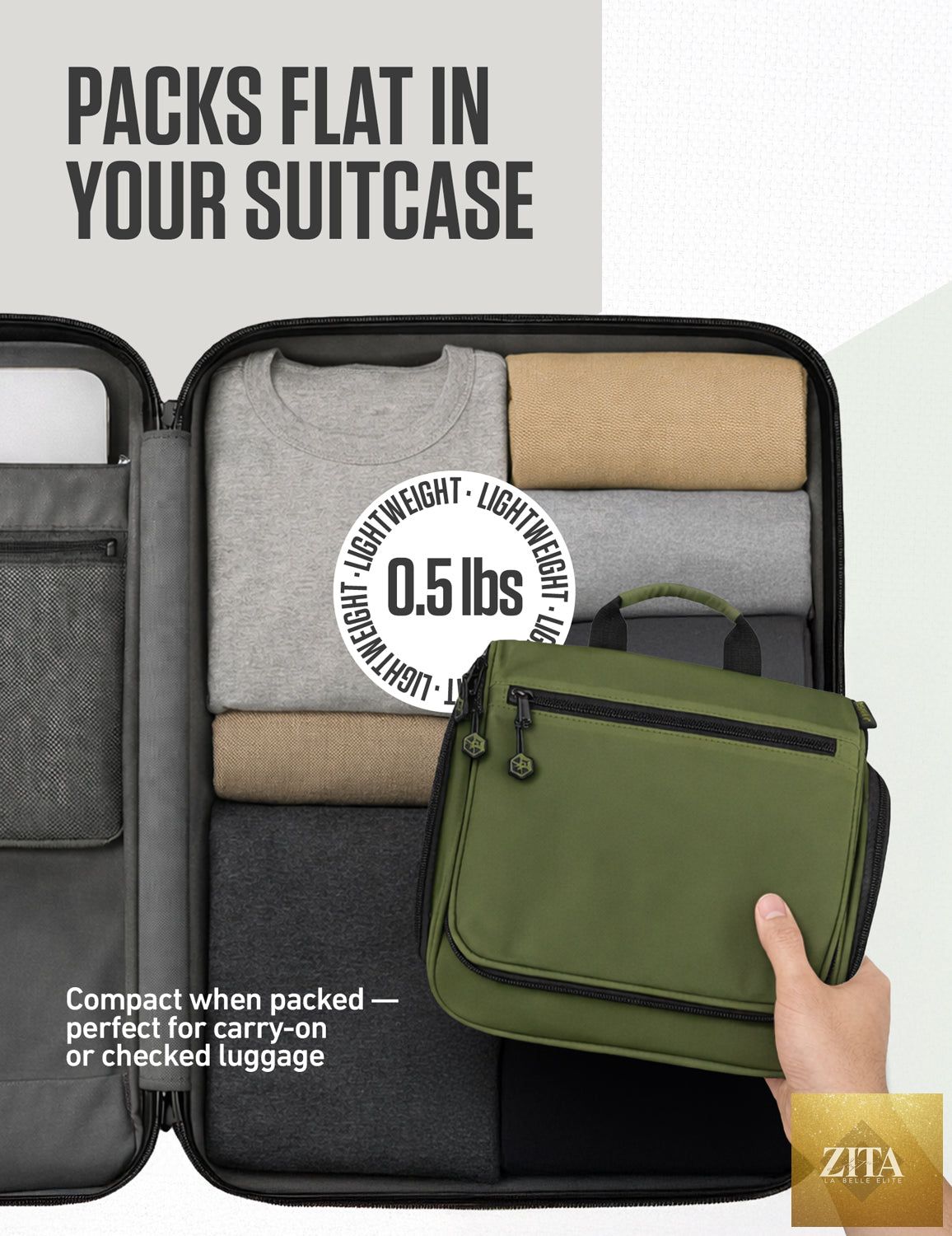 Green and black VENTURE 4TH hanging travel toiletry bag with multiple compartments and hanging hook for easy organization.