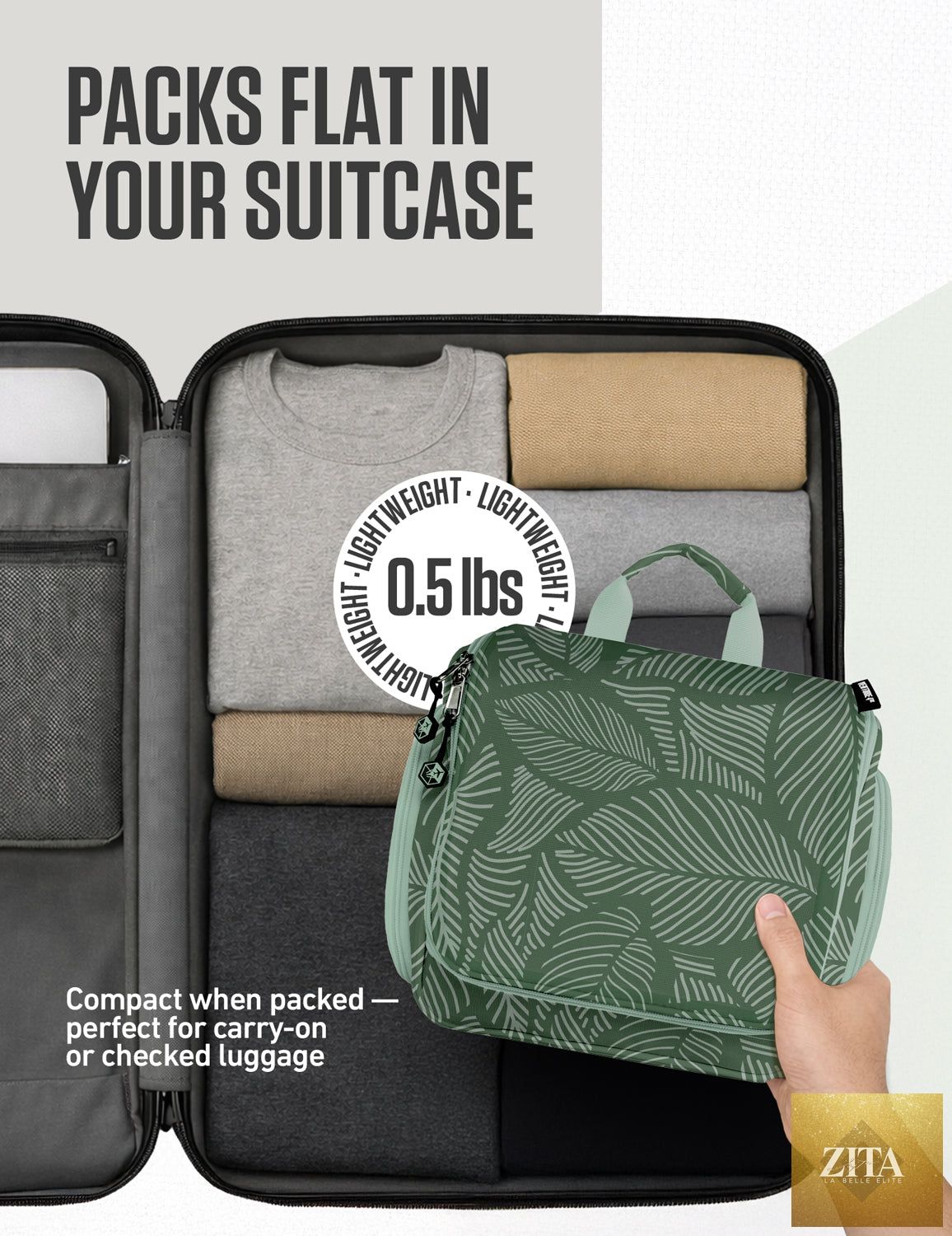 Venture 4th hanging travel toiletry bag with green leaf pattern, compact design, and multiple compartments for organization.