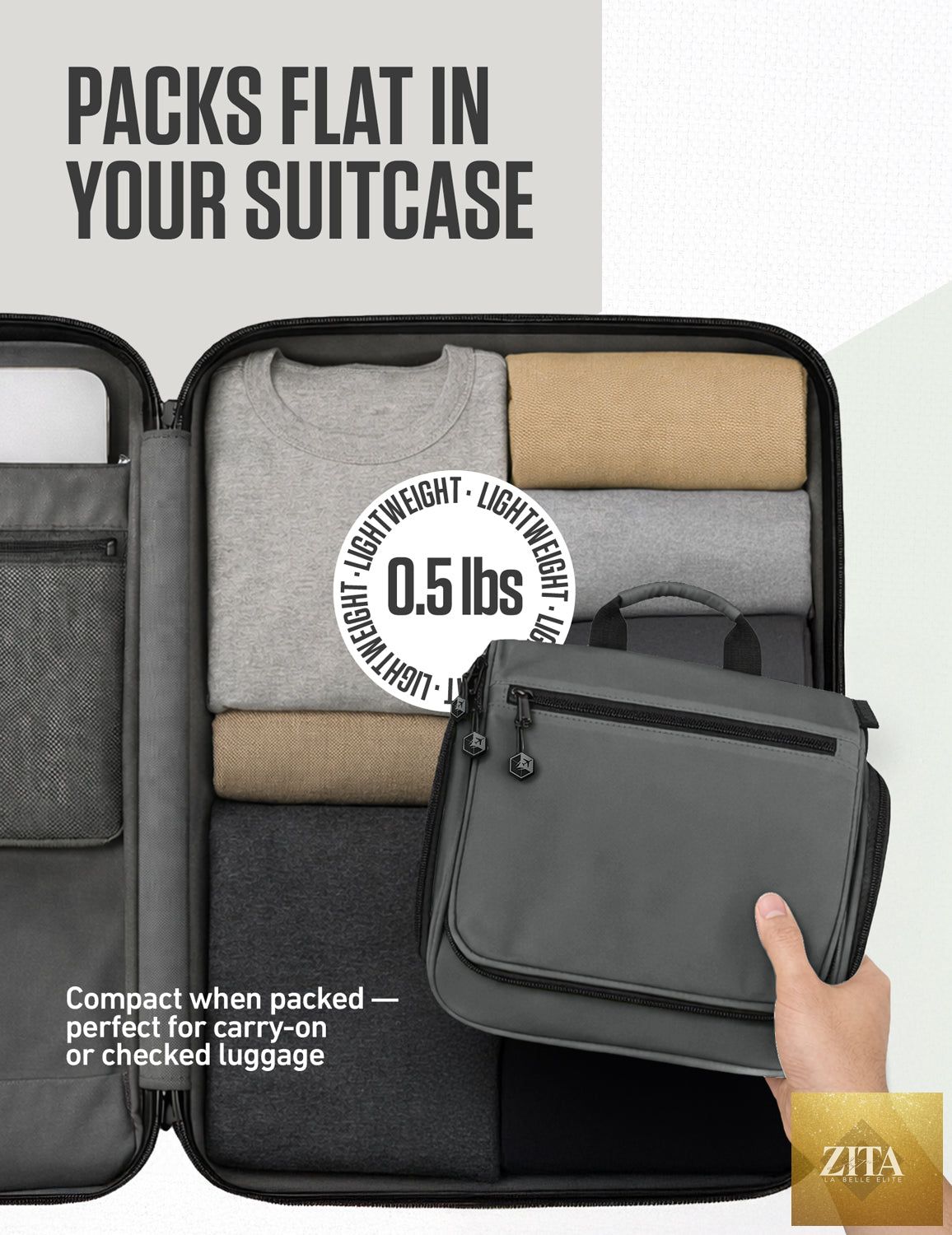 Gray VENTURE 4TH hanging travel toiletry bag with multiple compartments and a hook for easy organization and convenience.