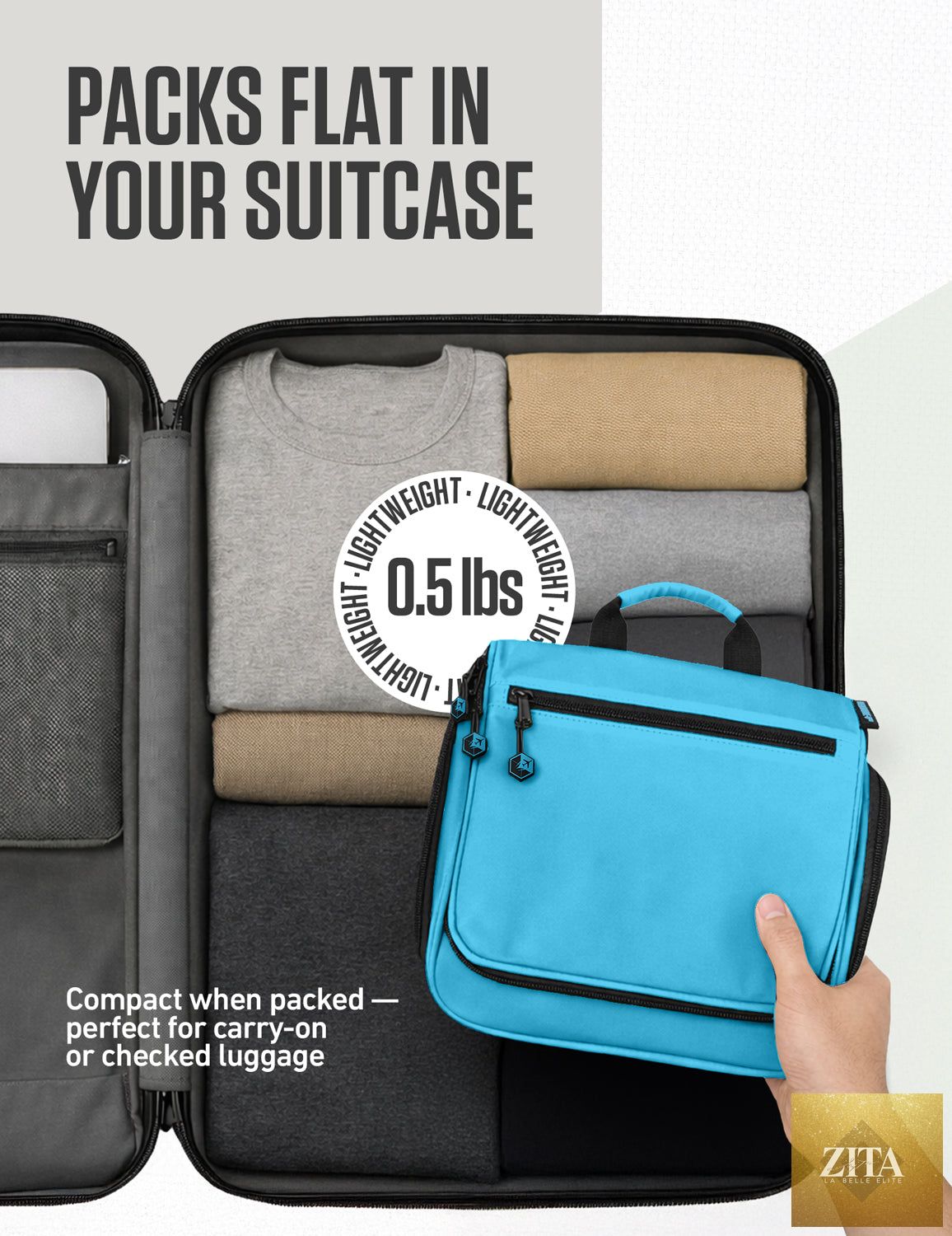 Light blue VENTURE 4TH hanging travel toiletry bag with multiple compartments and a secure hanging hook.