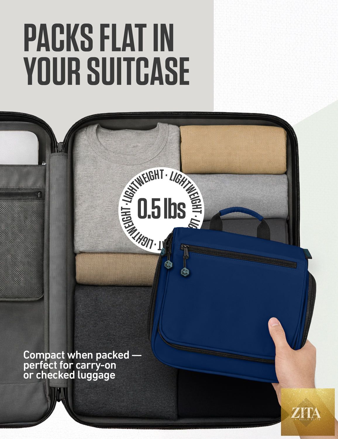 Navy blue VENTURE 4TH hanging travel toiletry bag with multiple compartments and a hook for easy organization and access.