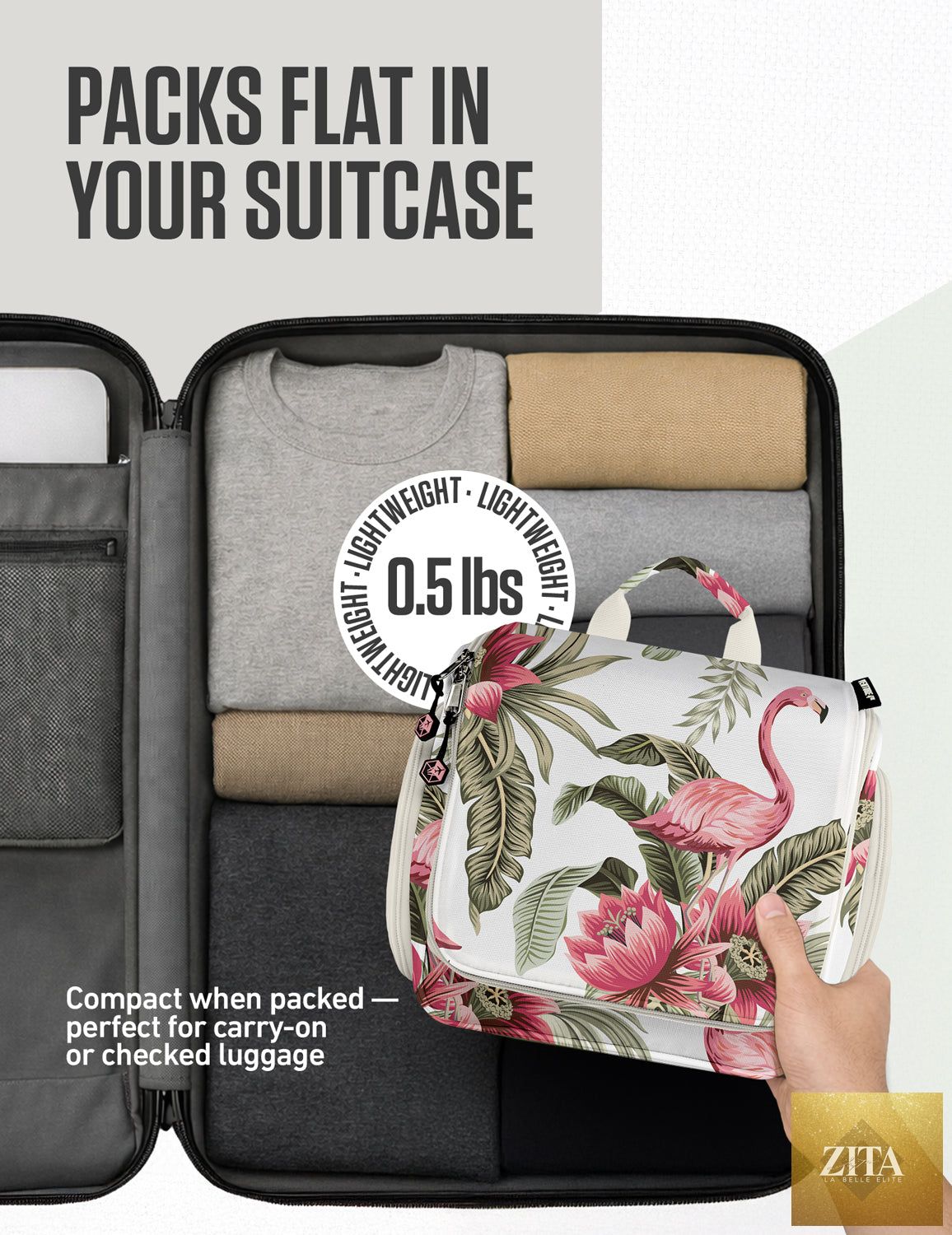 Pink flamingo hanging travel toiletry bag from VENTURE 4TH with multiple compartments and secure hook for organizing toiletries.
