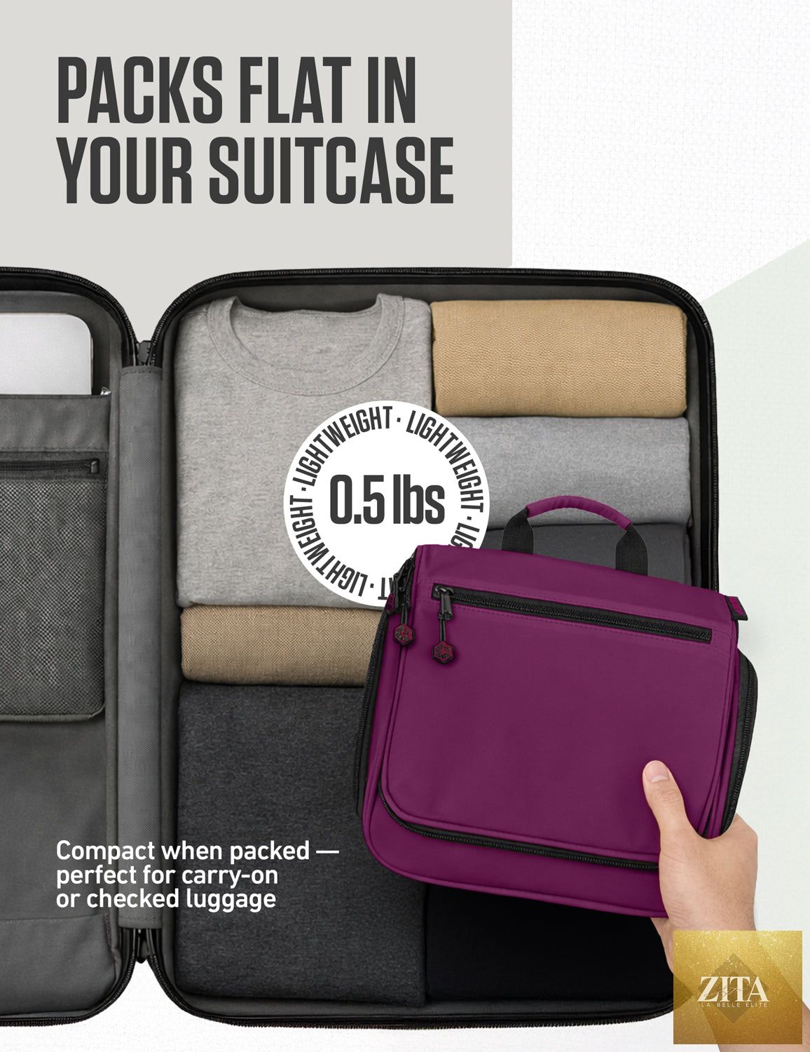 Venture 4th purple and black hanging travel toiletry bag with multiple compartments and hanging hook for organization.