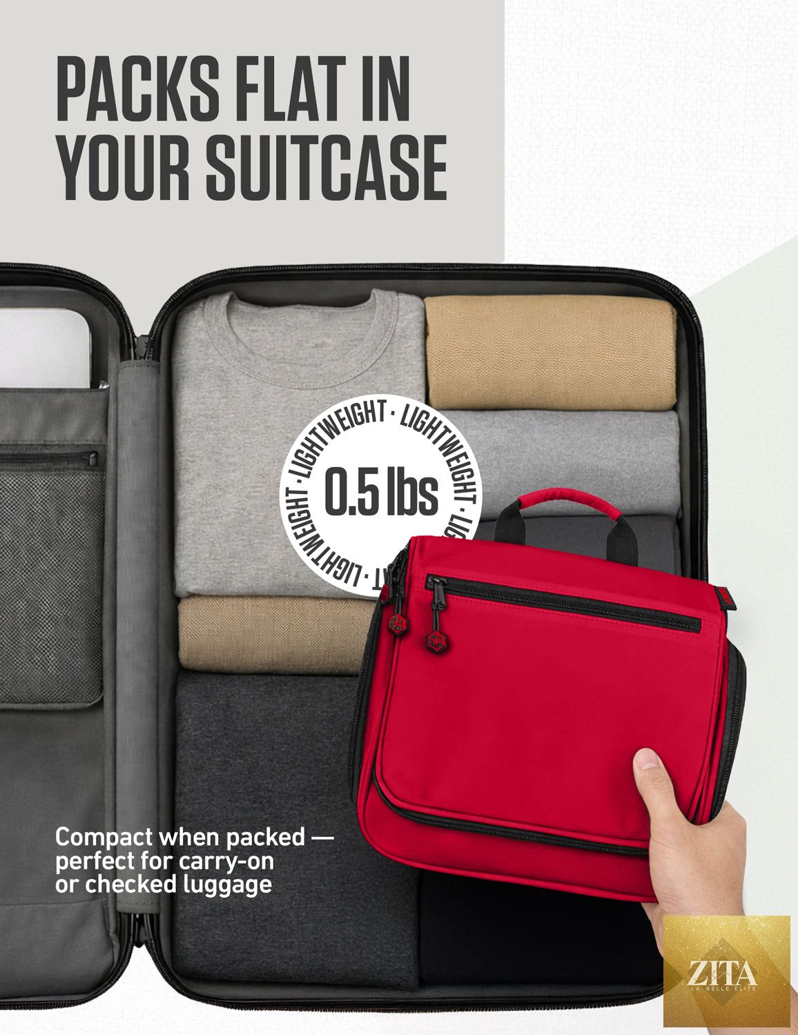 Red and black VENTURE 4TH hanging travel toiletry bag with multiple compartments and a sturdy hanging hook.