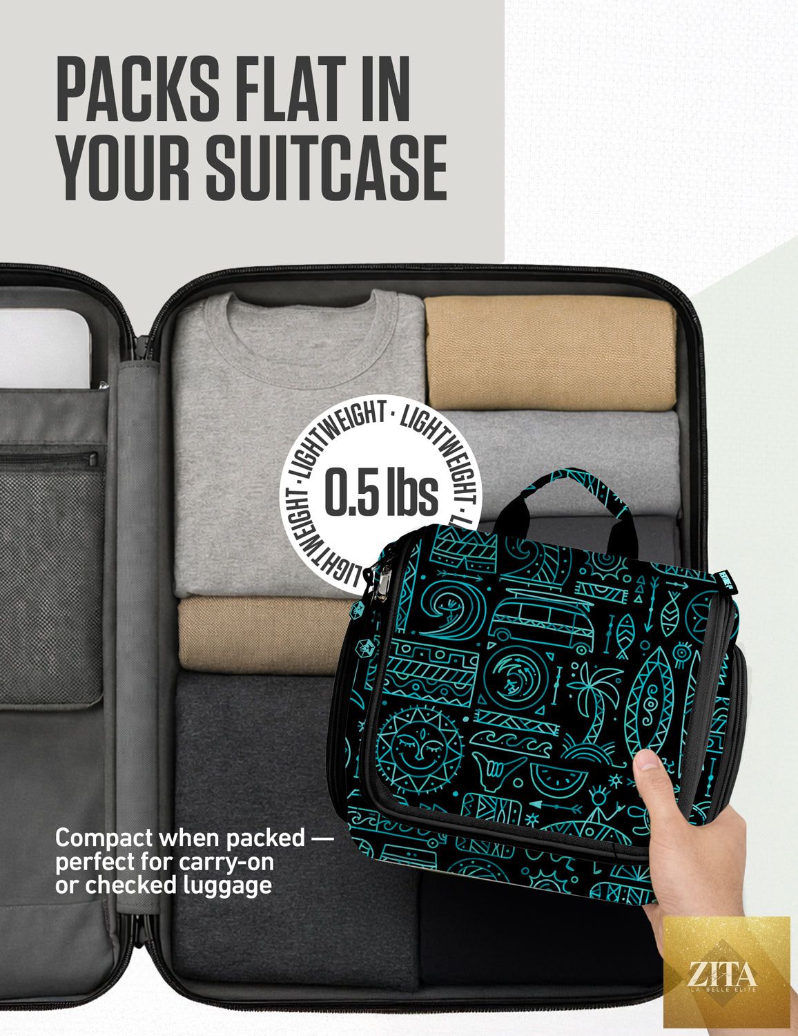 Venture 4th hanging travel toiletry bag with multiple compartments, made of durable material, shown hanging open with toiletries inside.