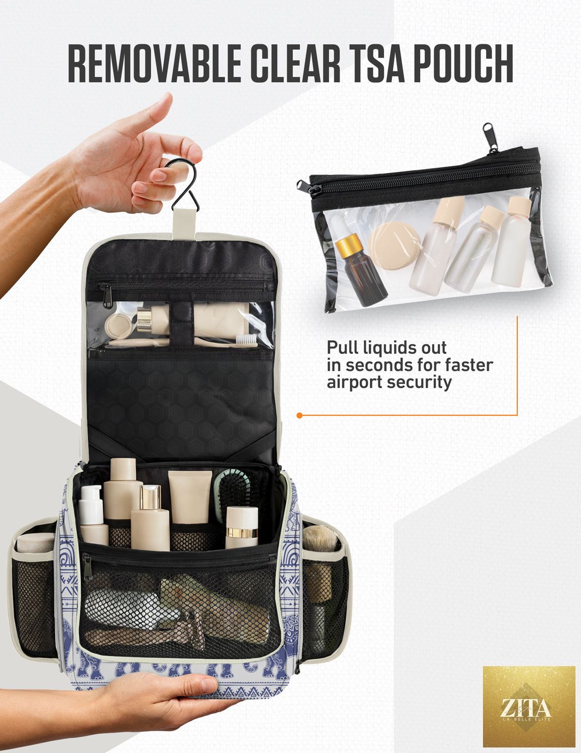 Blue VENTURE 4TH hanging travel toiletry bag with elephant design, compact and convenient for organizing toiletries on the go.