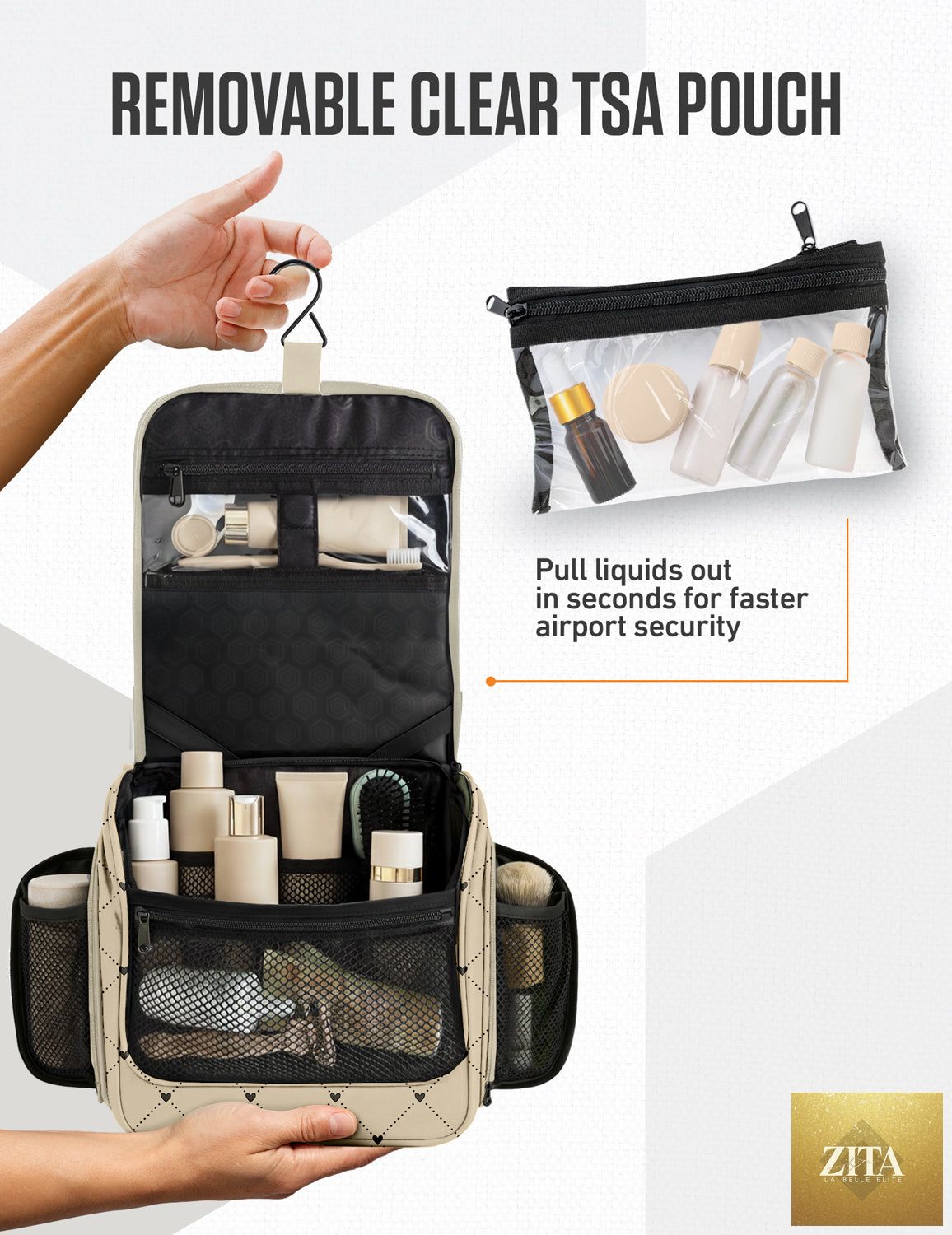 Ventura 4th hanging travel toiletry bag in beige with diamond pattern, compact design for organizing toiletries.