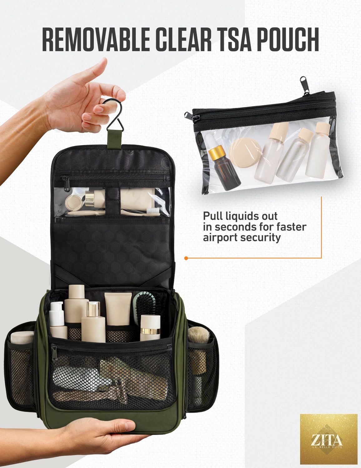 Green and black VENTURE 4TH hanging travel toiletry bag with multiple compartments and a hanging hook.