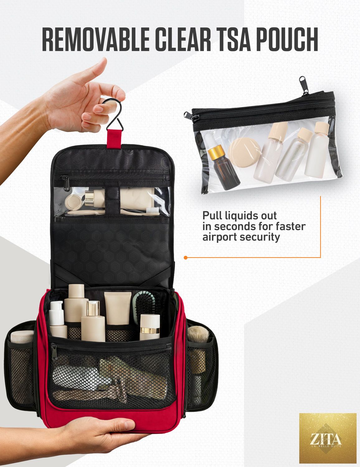 Venture 4th hanging travel toiletry bag in green and black with multiple compartments and hooks for organizing toiletries.