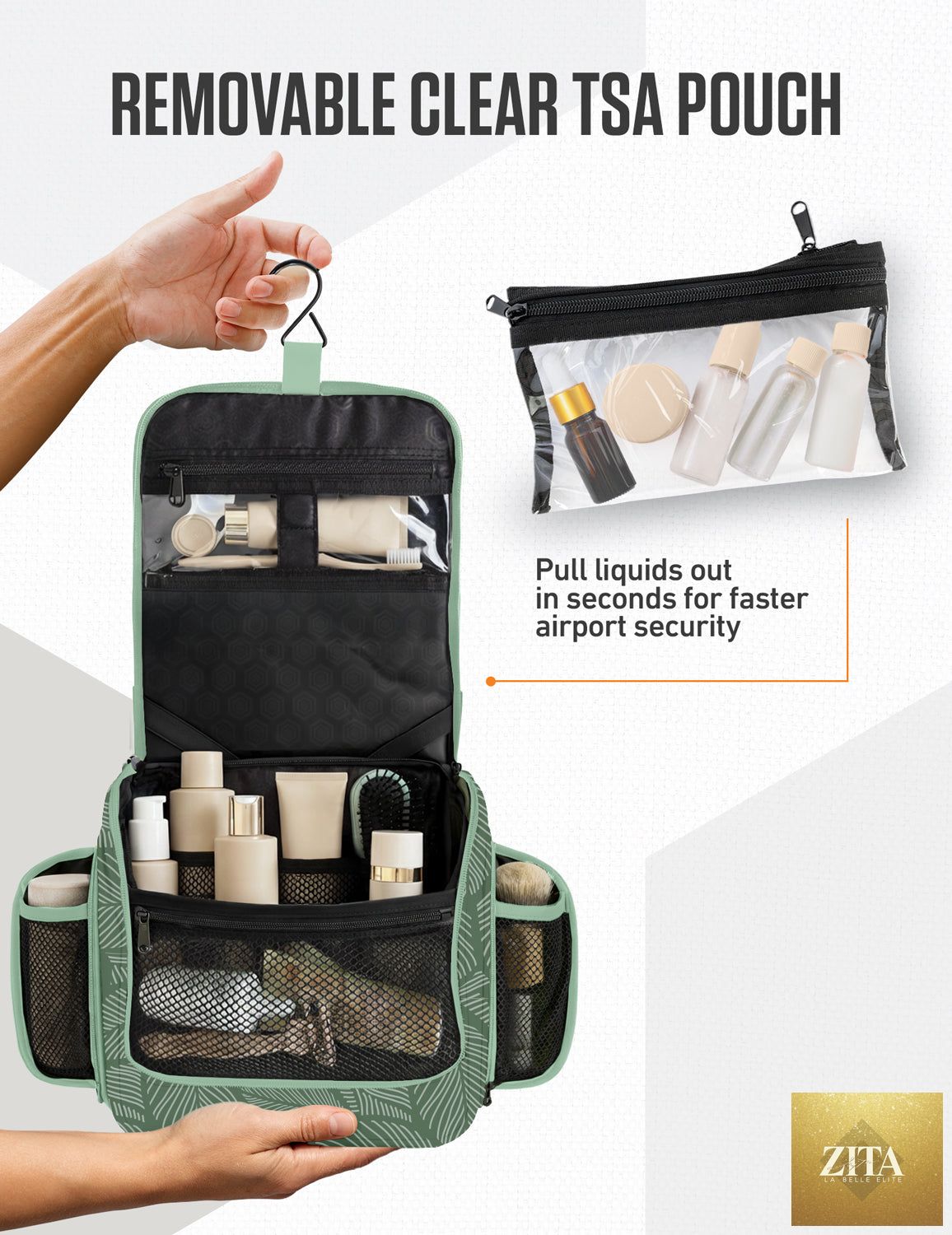 Green Venture 4th hanging travel toiletry bag with leafy pattern, compact design, and multiple compartments for toiletries.