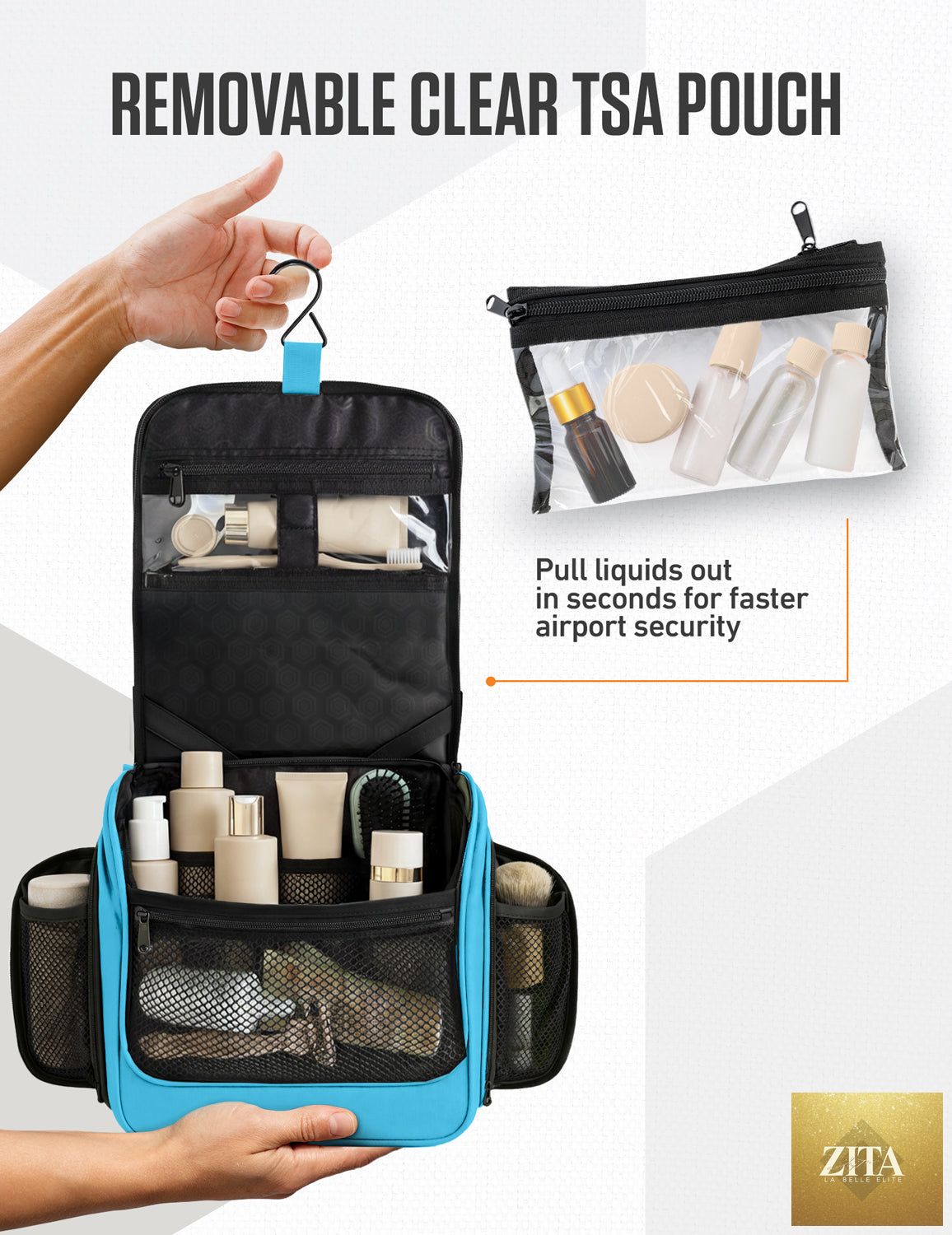 Light blue VENTURE 4TH hanging travel toiletry bag with multiple compartments and a hanging hook for easy organization.