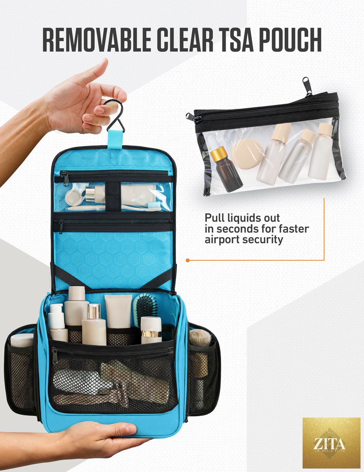 Light blue VENTURE 4TH hanging travel toiletry bag with multiple compartments and hanging hook, displayed open with toiletries inside.